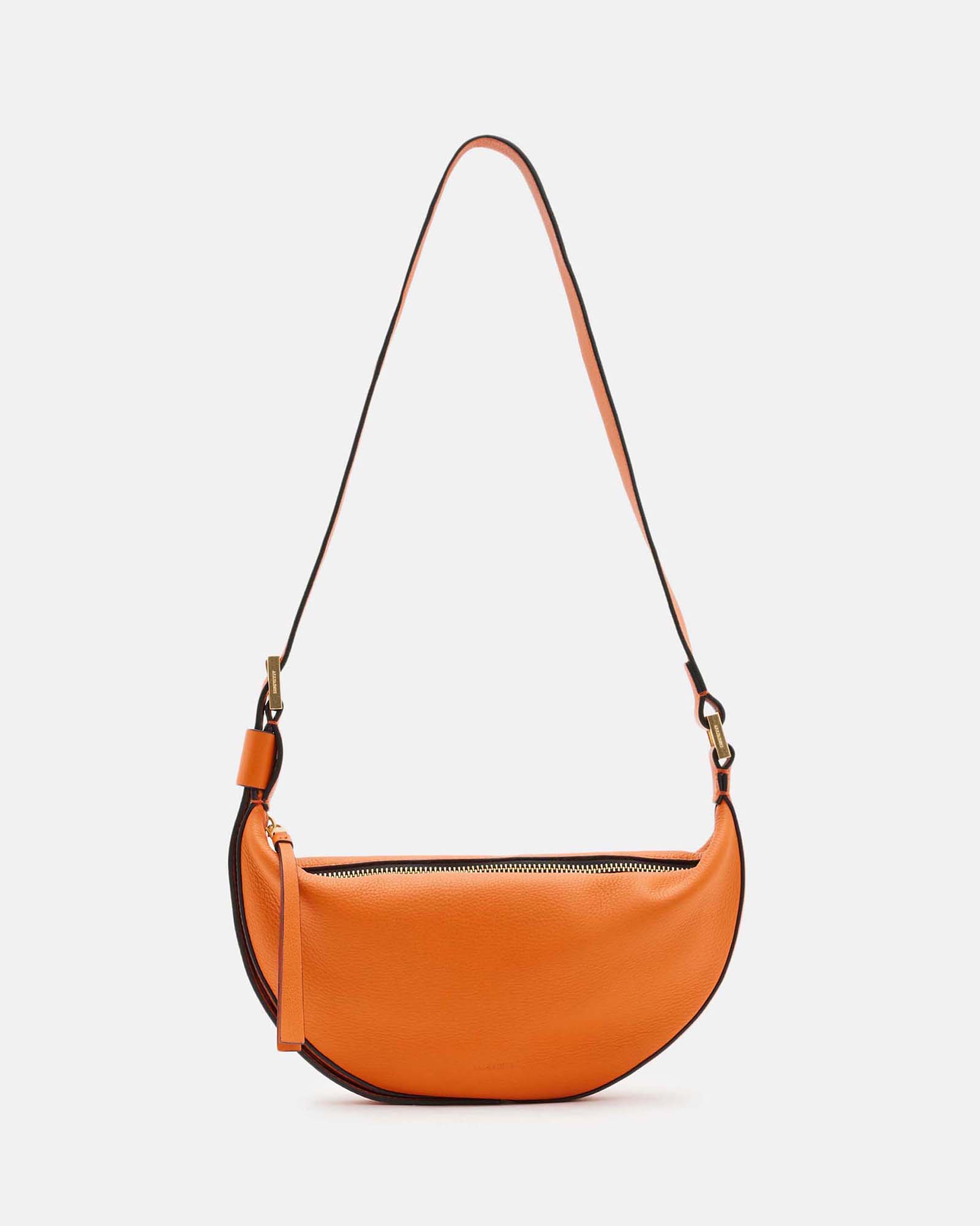 Allsaints Half Moon Leather Crossbody Bag In Orange