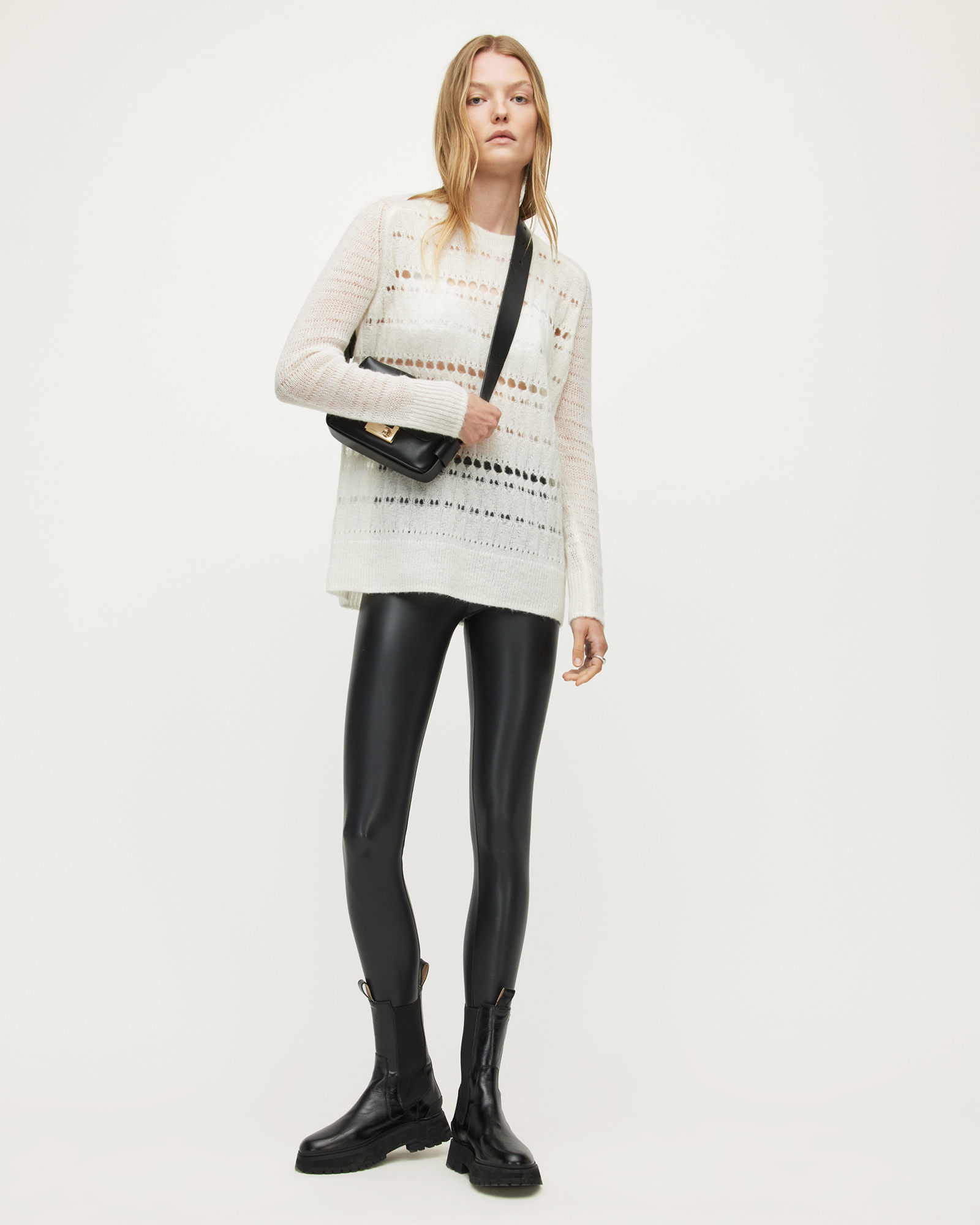 AllSaints Women's Leather Stripe Cora Ankle Length High-Rise Skinny Leggings, Black, Size: 12