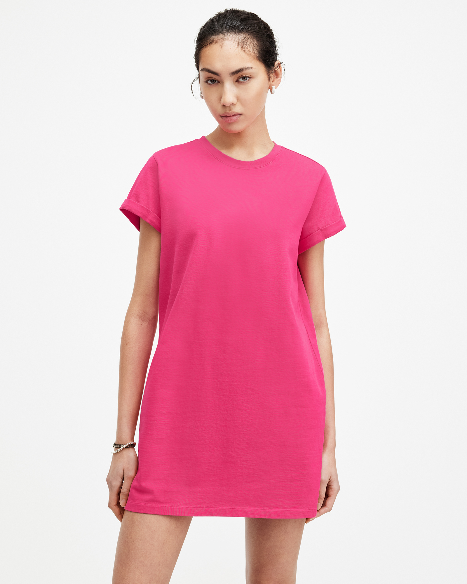 Shop Allsaints Anna Crew Neck Short Sleeve Mini Dress In Neon Pink
