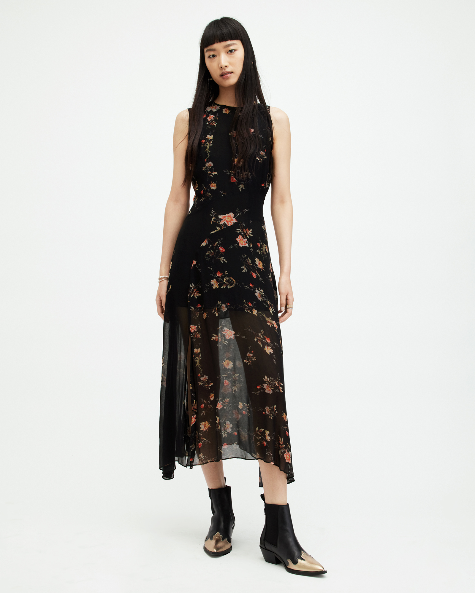 AllSaints Jules Floral Tanana Print Maxi Dress,, Black
