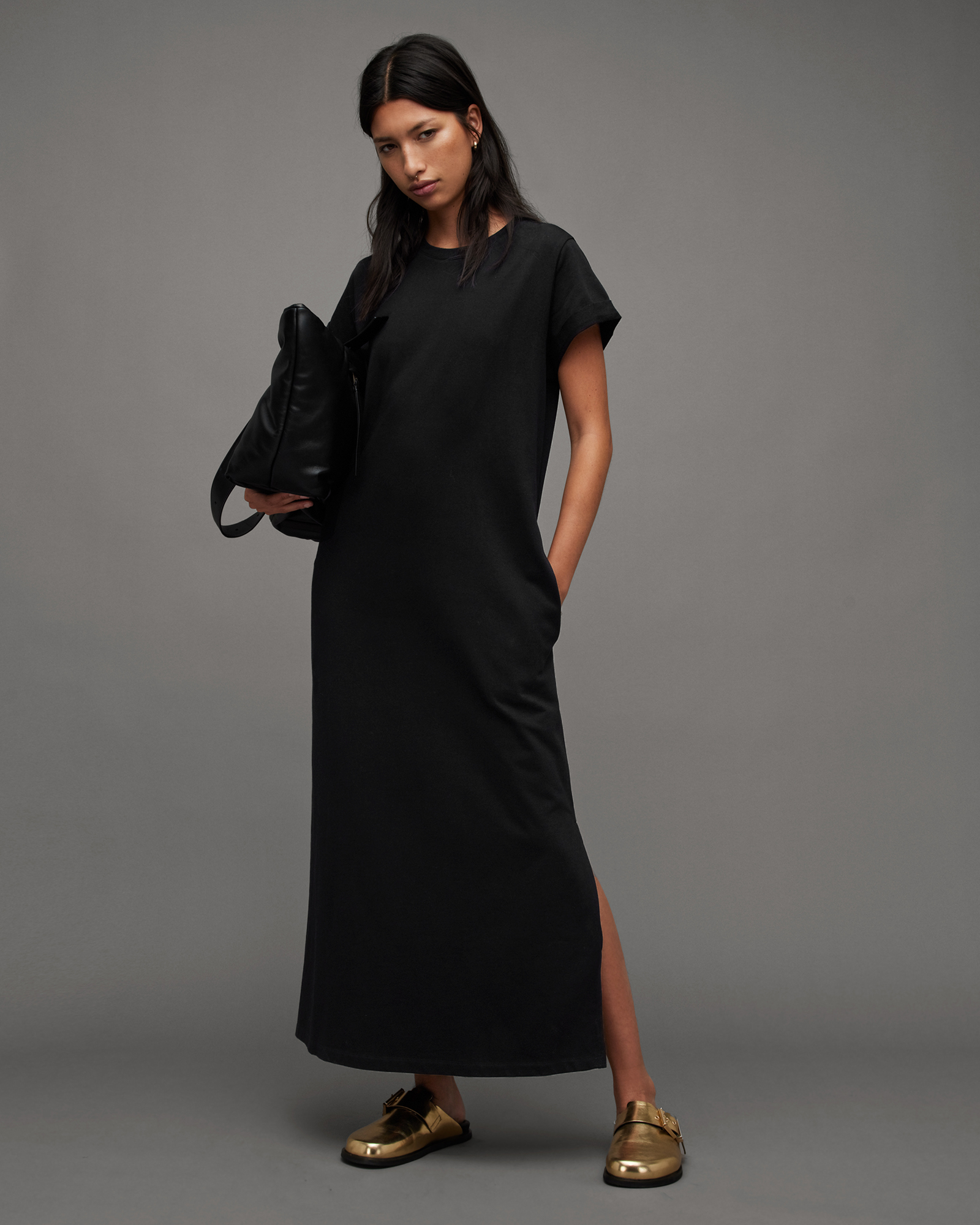 Anna Crew Neck Short Sleeve Maxi Dress Black | ALLSAINTS