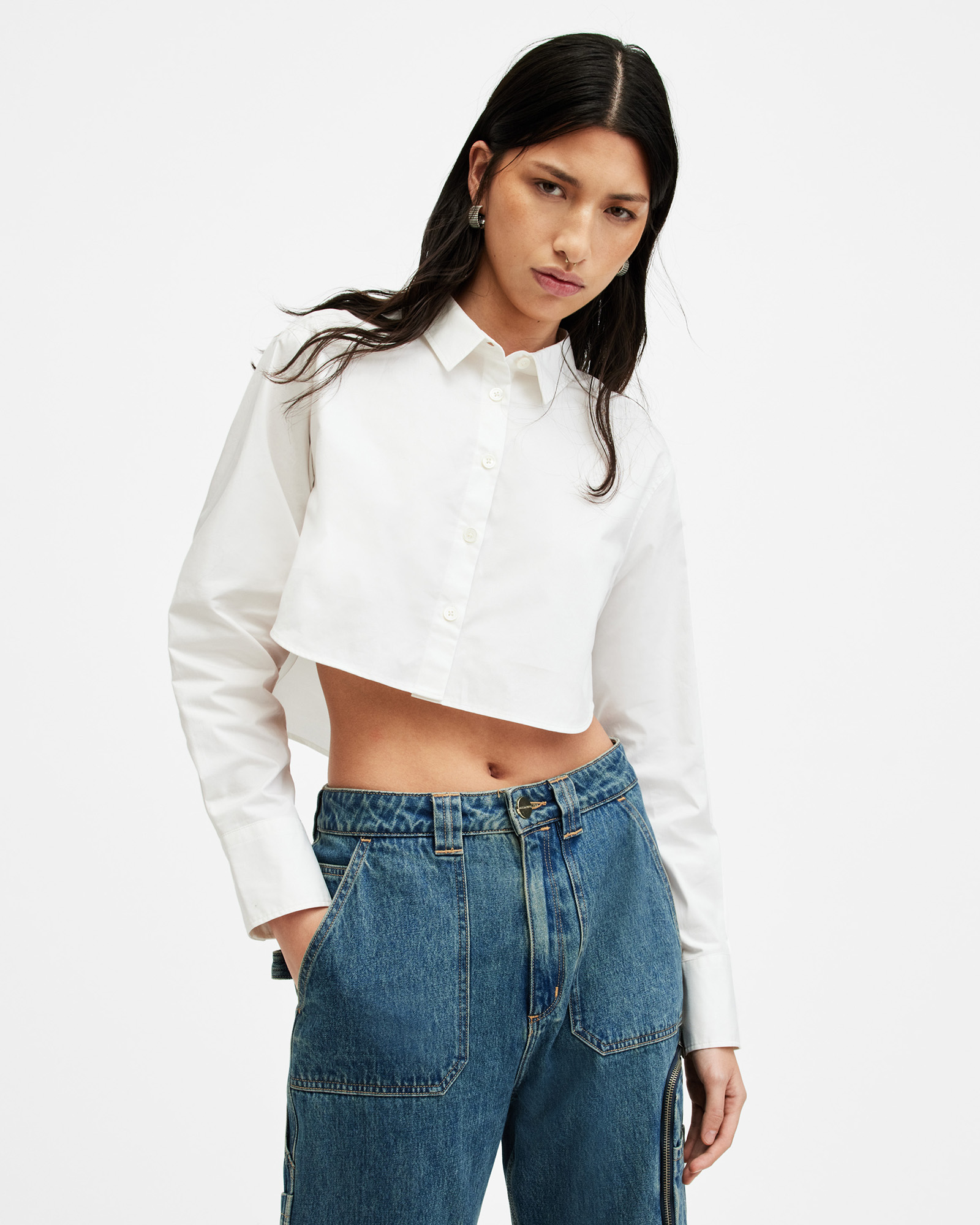 AllSaints Averie Cropped Relaxed Fit Shirt,, White