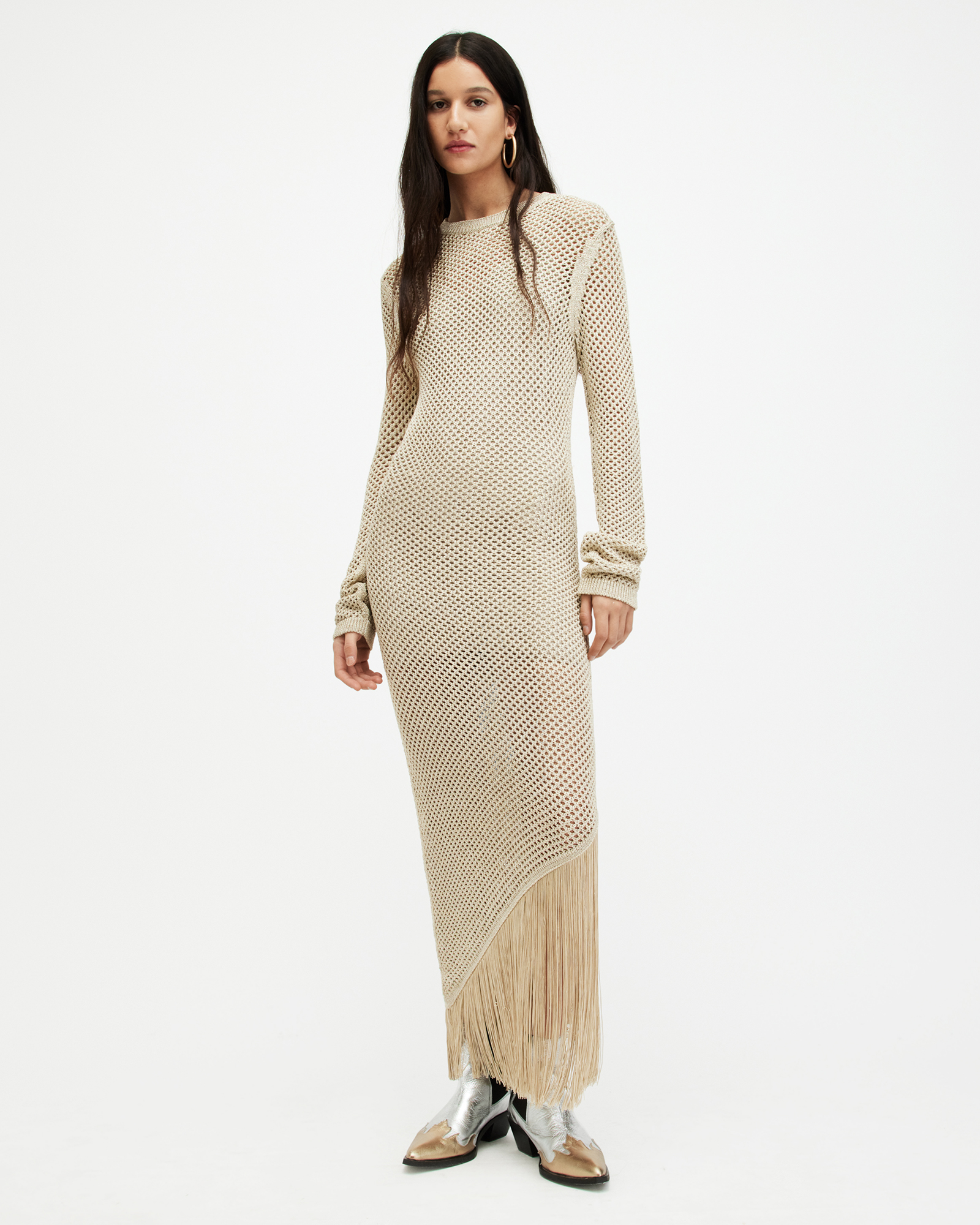 AllSaints Jesse Metallic Crochet Midi Dress,, Gold