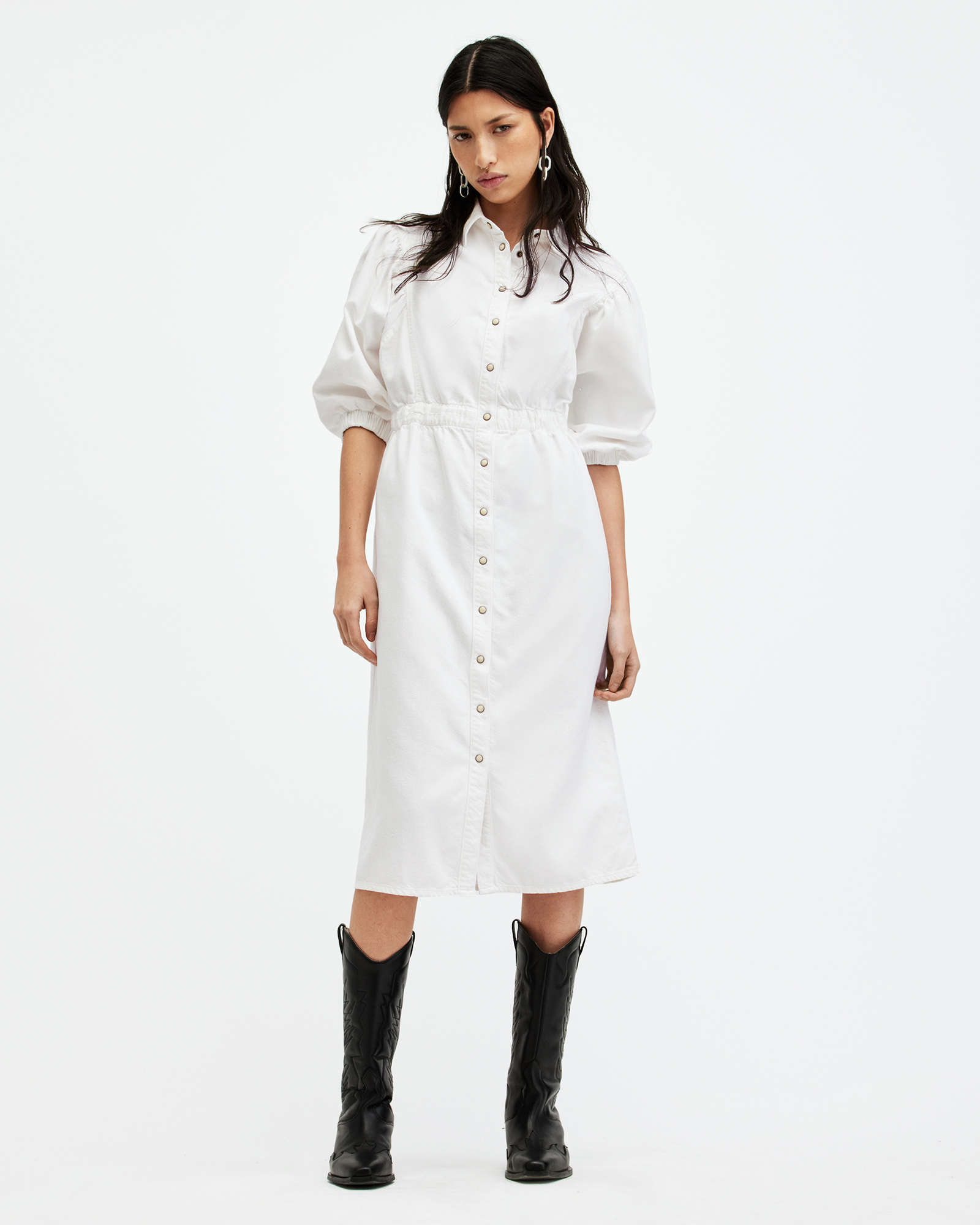 AllSaints Osa Denim Midi Dress,, Chalk White