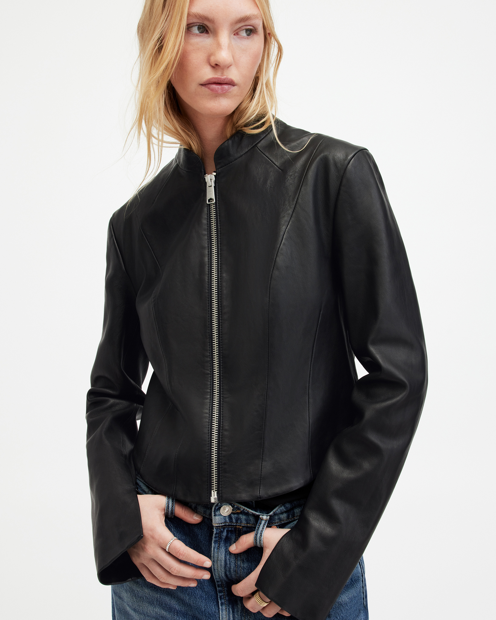 AllSaints Sadler Slim Fit Leather Jacket,, Black