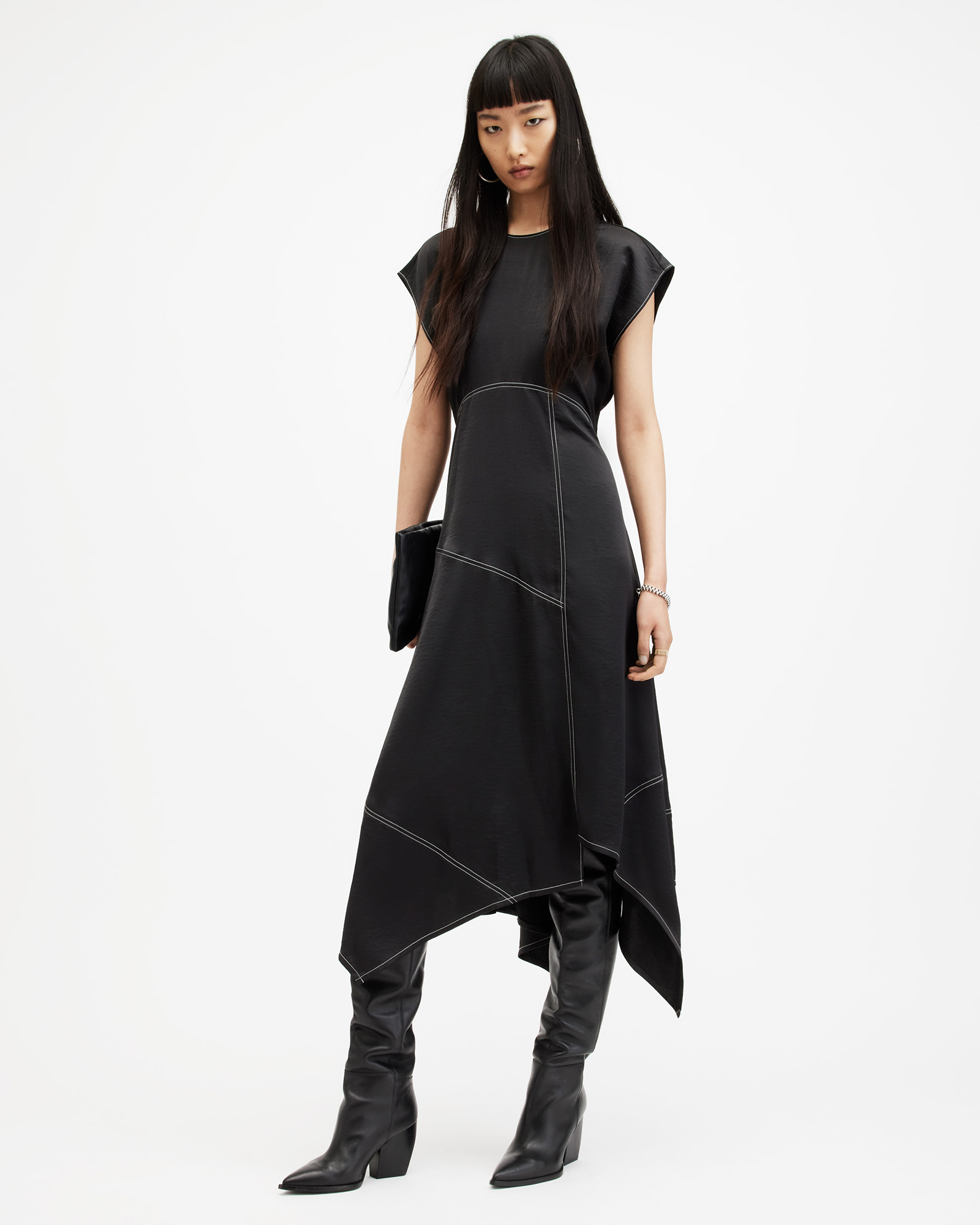AllSaints Agnes Panelled Asymmetric Maxi Dress,, Black