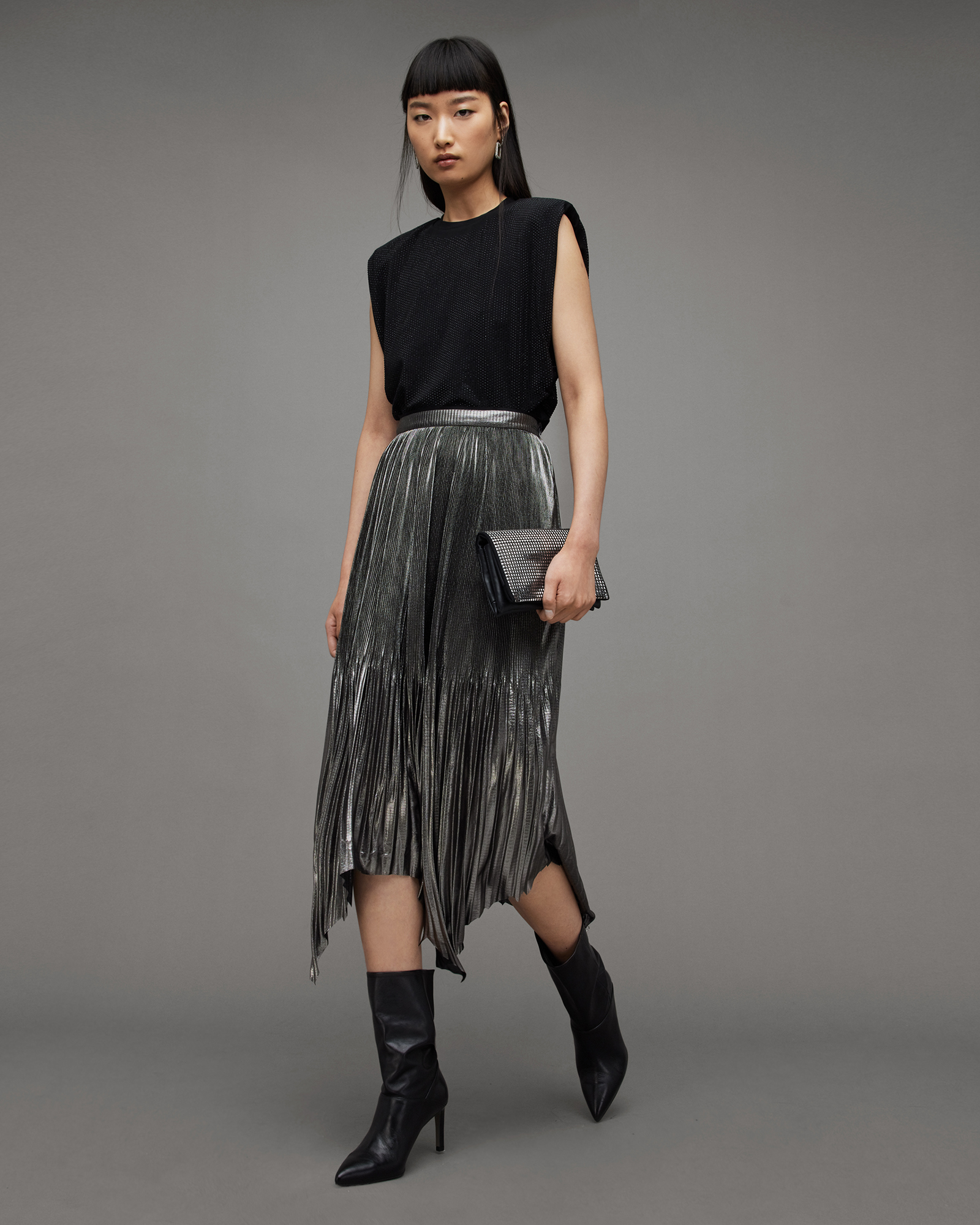AllSaints Lerin Metallic Asymmetric Midi Skirt