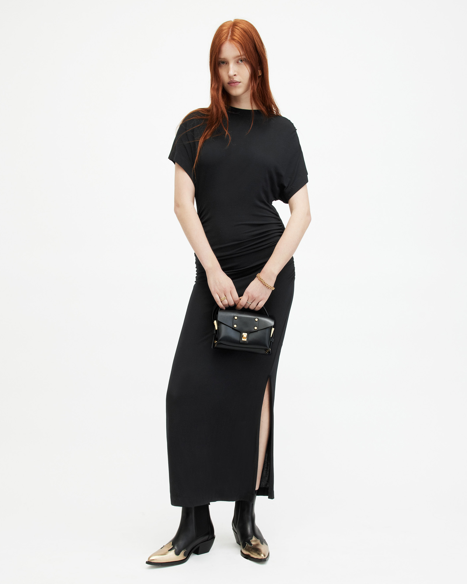 AllSaints Natalie Slim Fit Gathered Midi Dress,, Black
