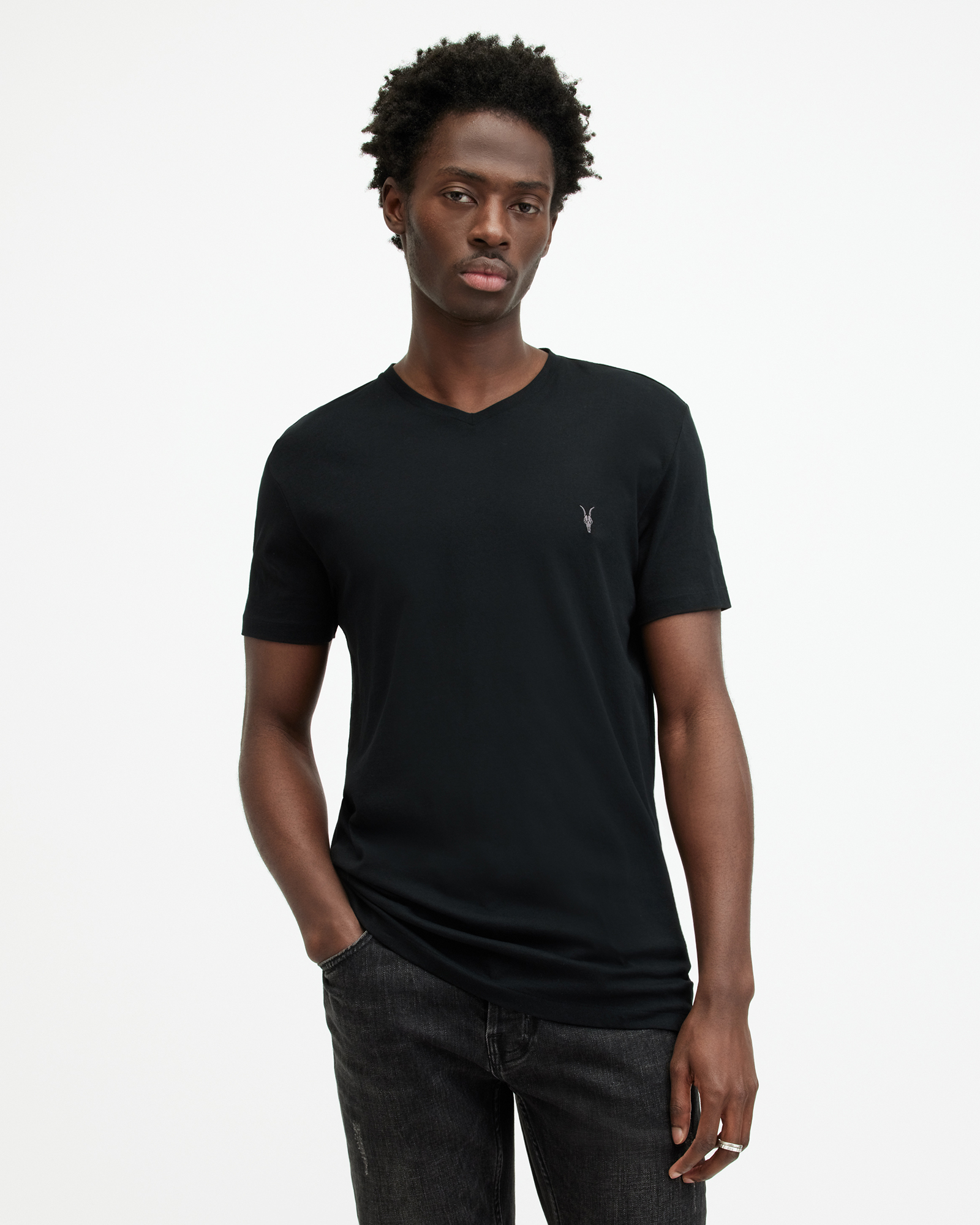 AllSaints Tonic V-Neck Slim Fit Ramskull T-Shirt,, Size: