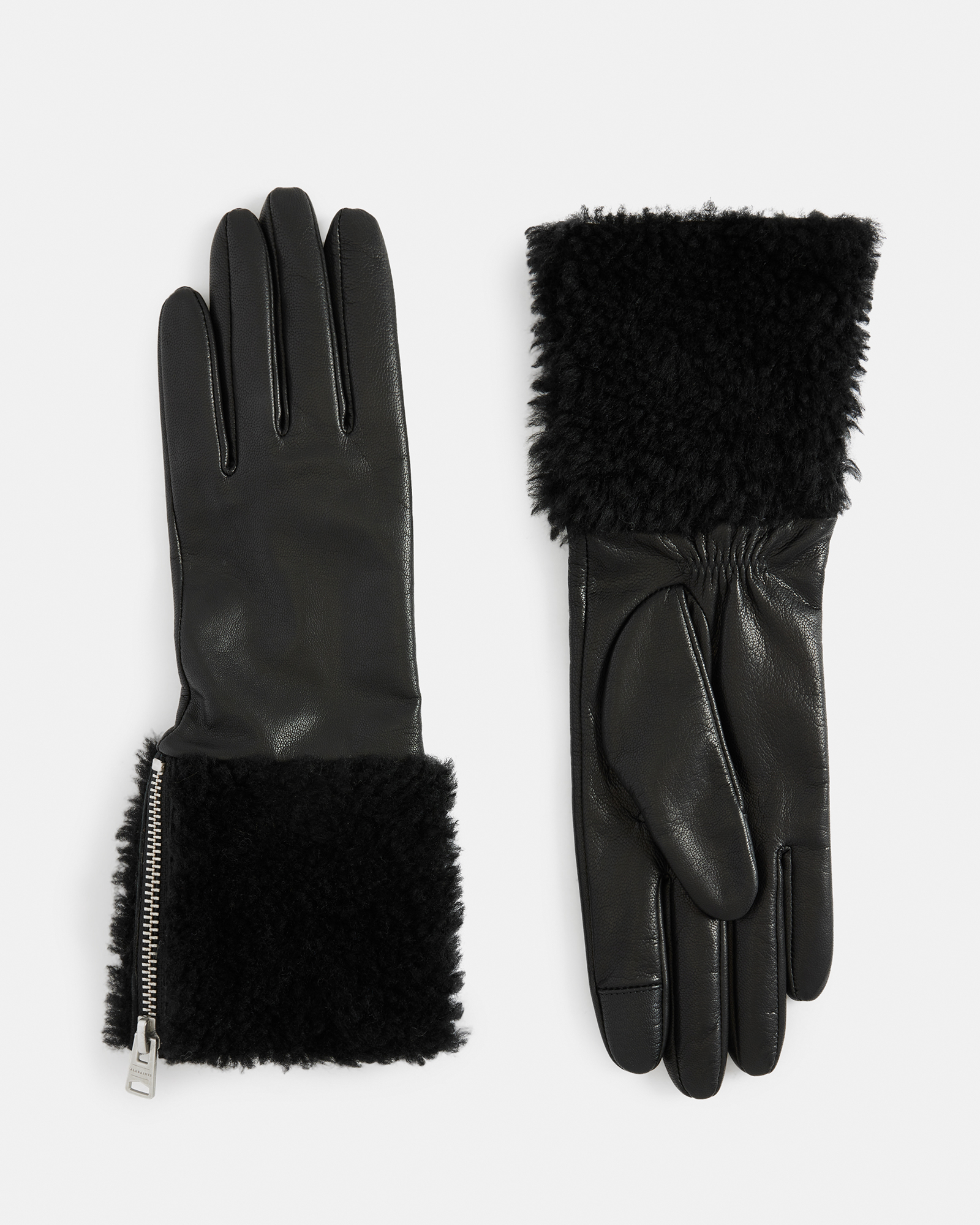 AllSaints Sasha Leather Faux Shearling Trim Gloves