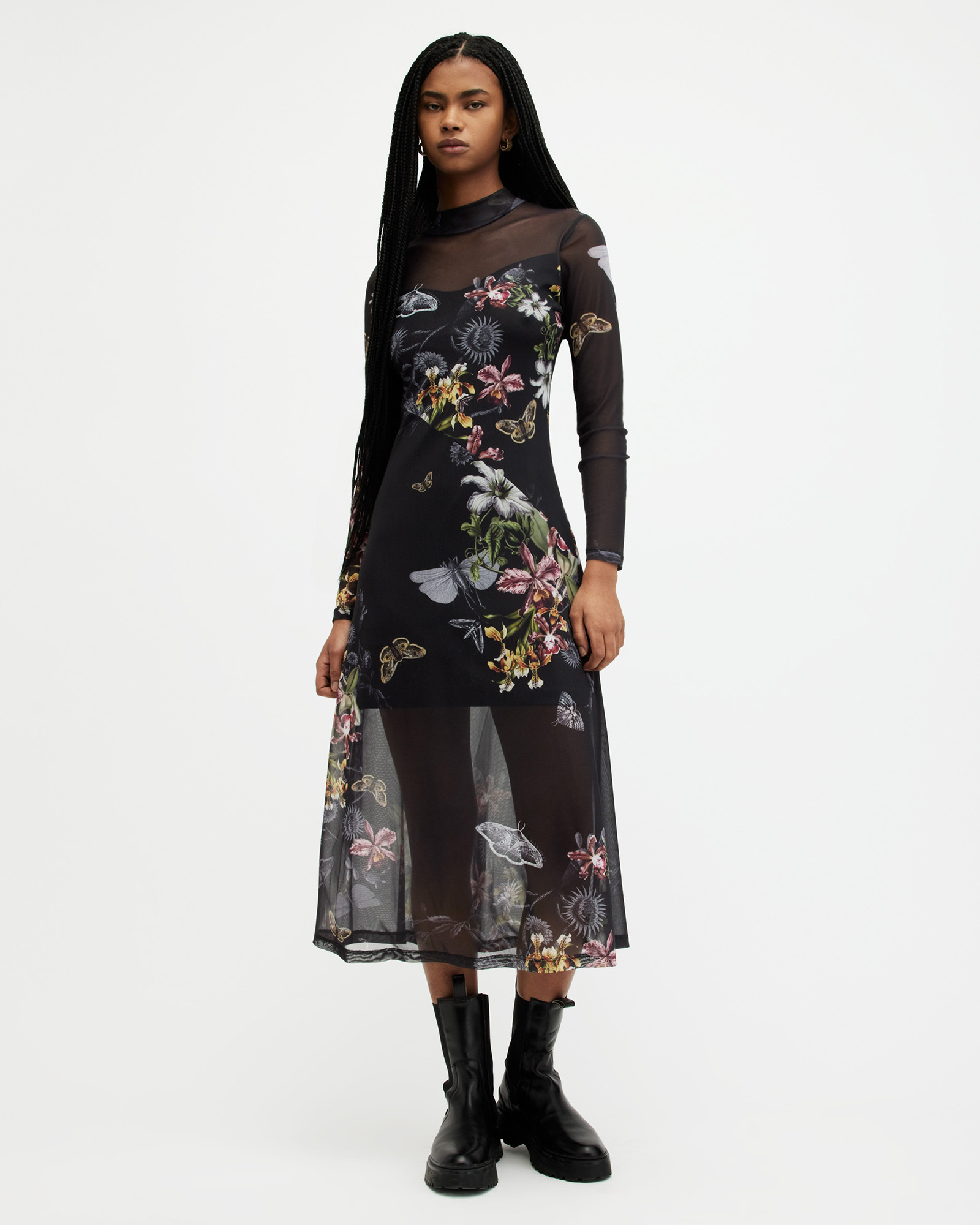 AllSaints Hanna Funnel Neck Printed Midi Dress,, Black