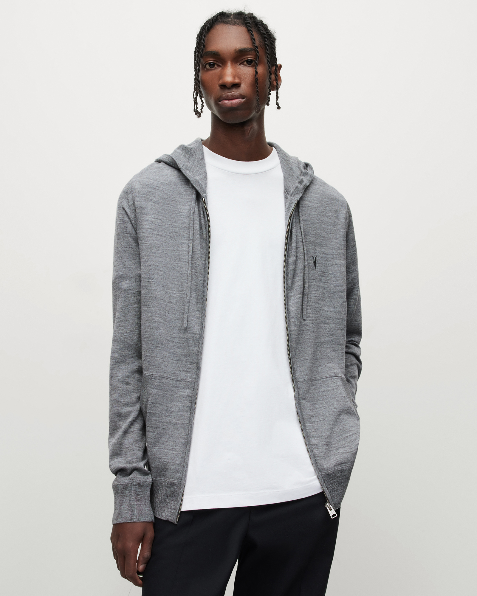 AllSaints Men's Merino Wool Lightweight Mode Zip Hoodie, Grey, Size: XS