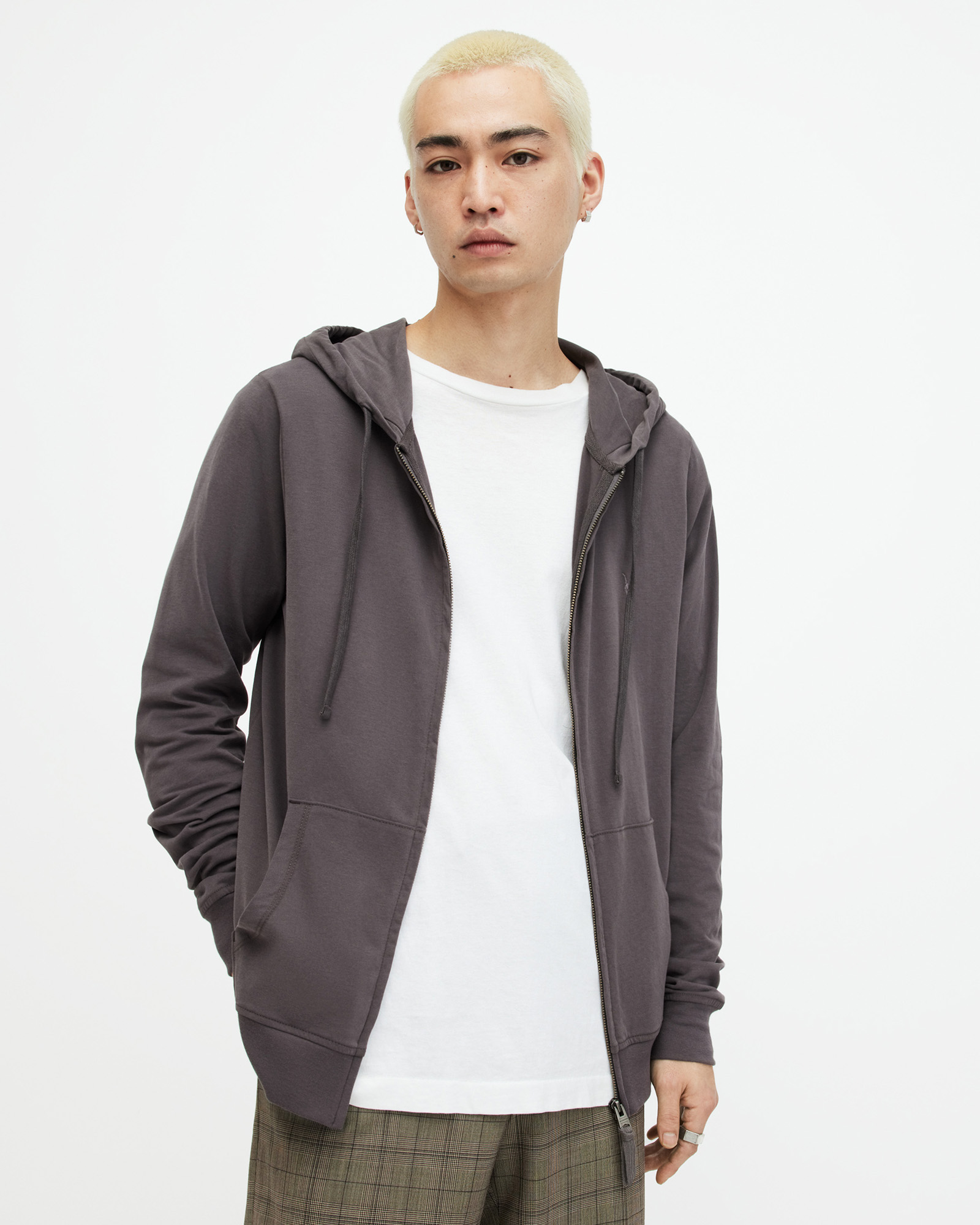 Shop Allsaints Brace Pullover Brushed Cotton Hoodie, In Shaded Grey