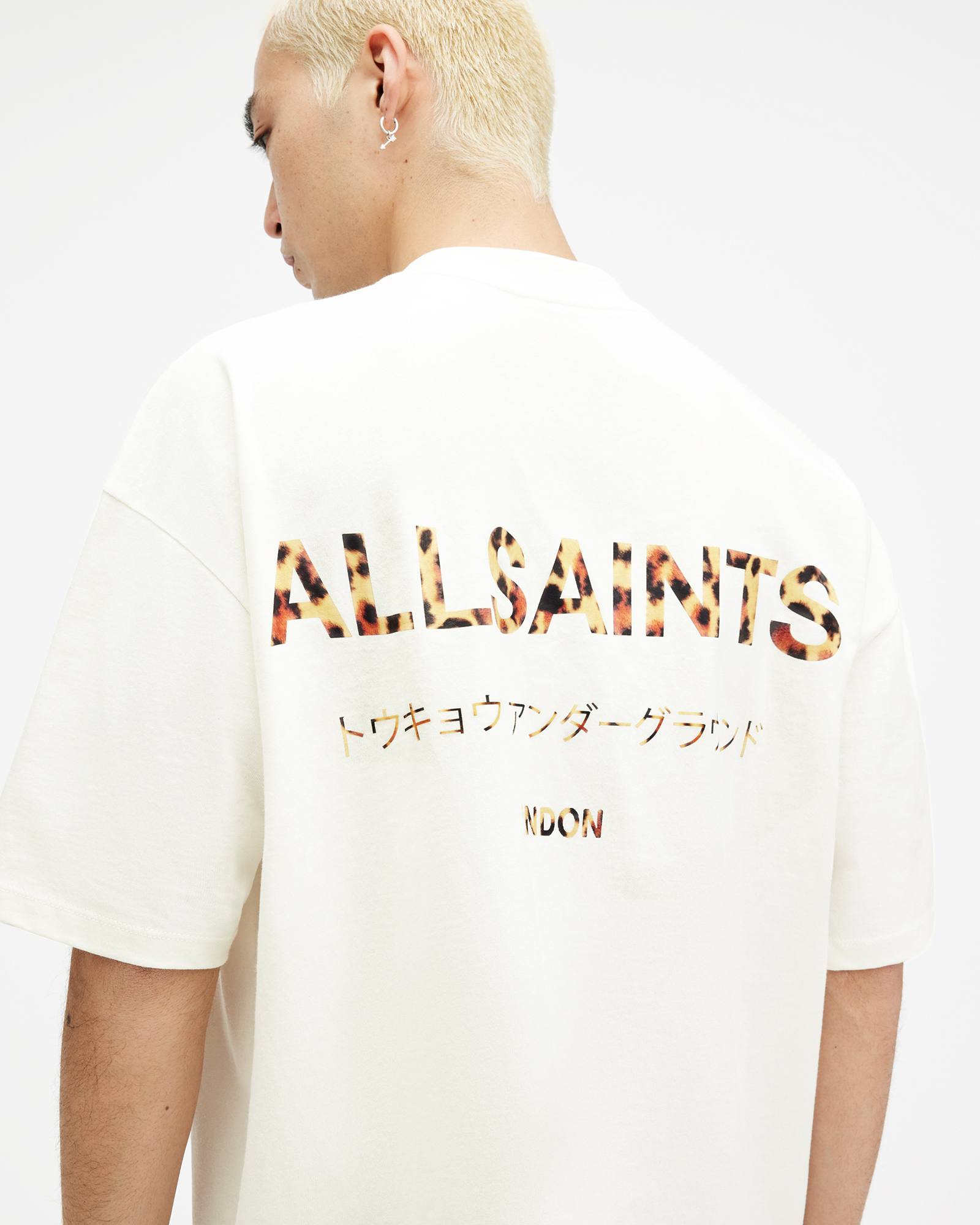 AllSaints Underground Oversized Crew Neck T-Shirt,, WHITE/LEOPARD