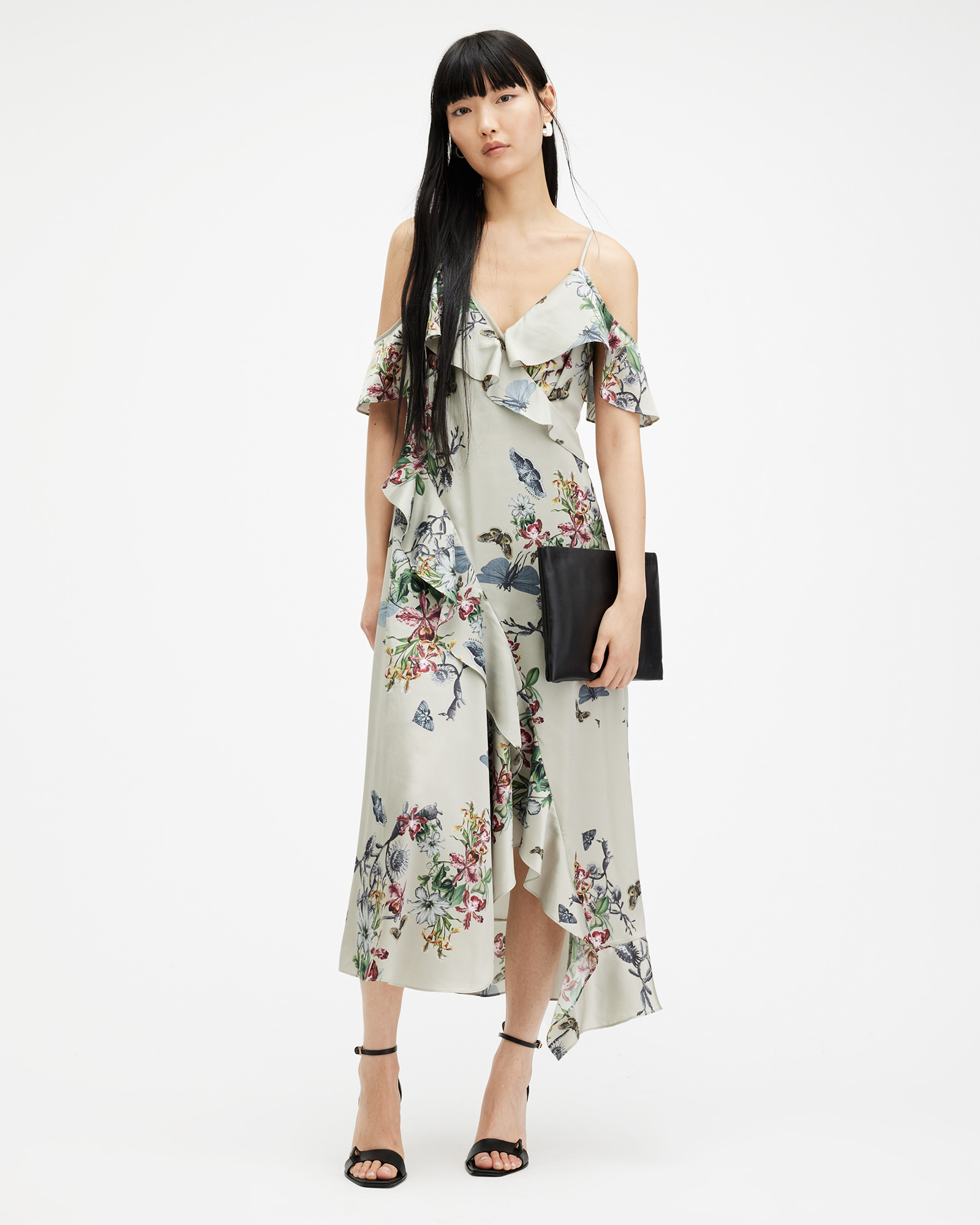AllSaints Orion V-Neck Floral Print Midi Dress,, TAUPE GREY