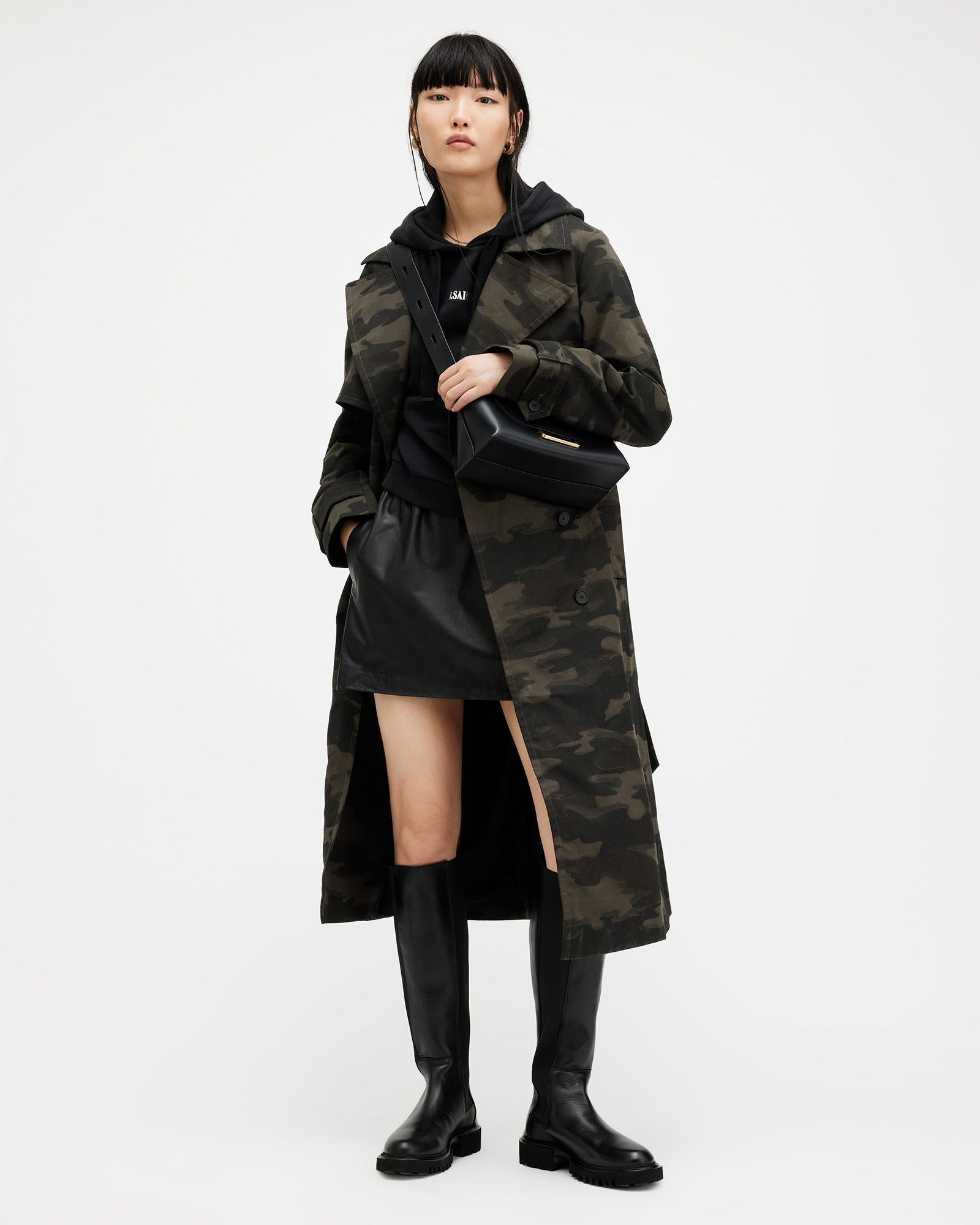 AllSaints Mixie Camouflage Relaxed Fit Trench Coat,, CAMO BROWN