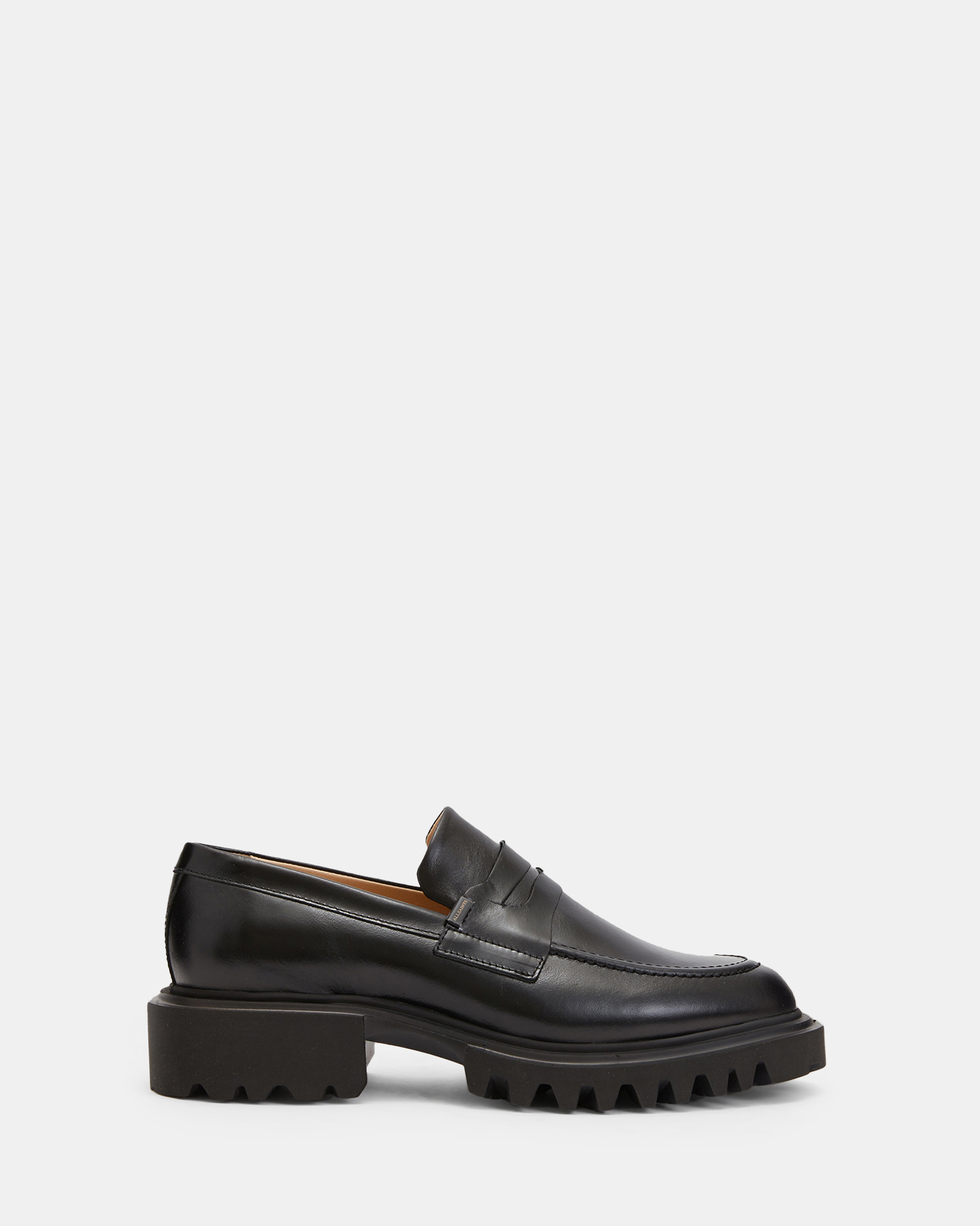 AllSaints Lola Slip On Shiny Leather Loafer Shoes,, Black