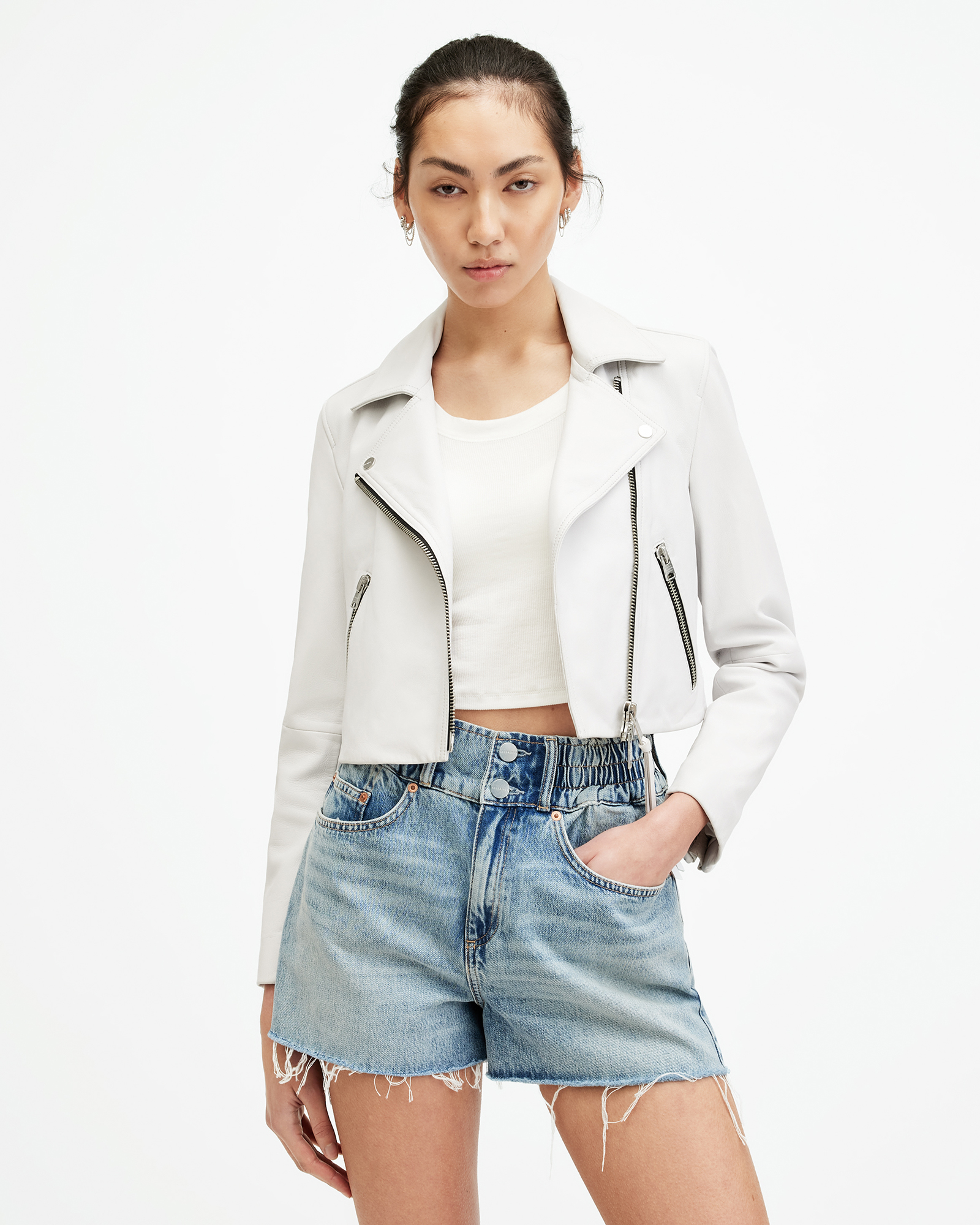 Shop Allsaints Dalby Slim Fit Cropped Leather Biker Jacket, In Optic White