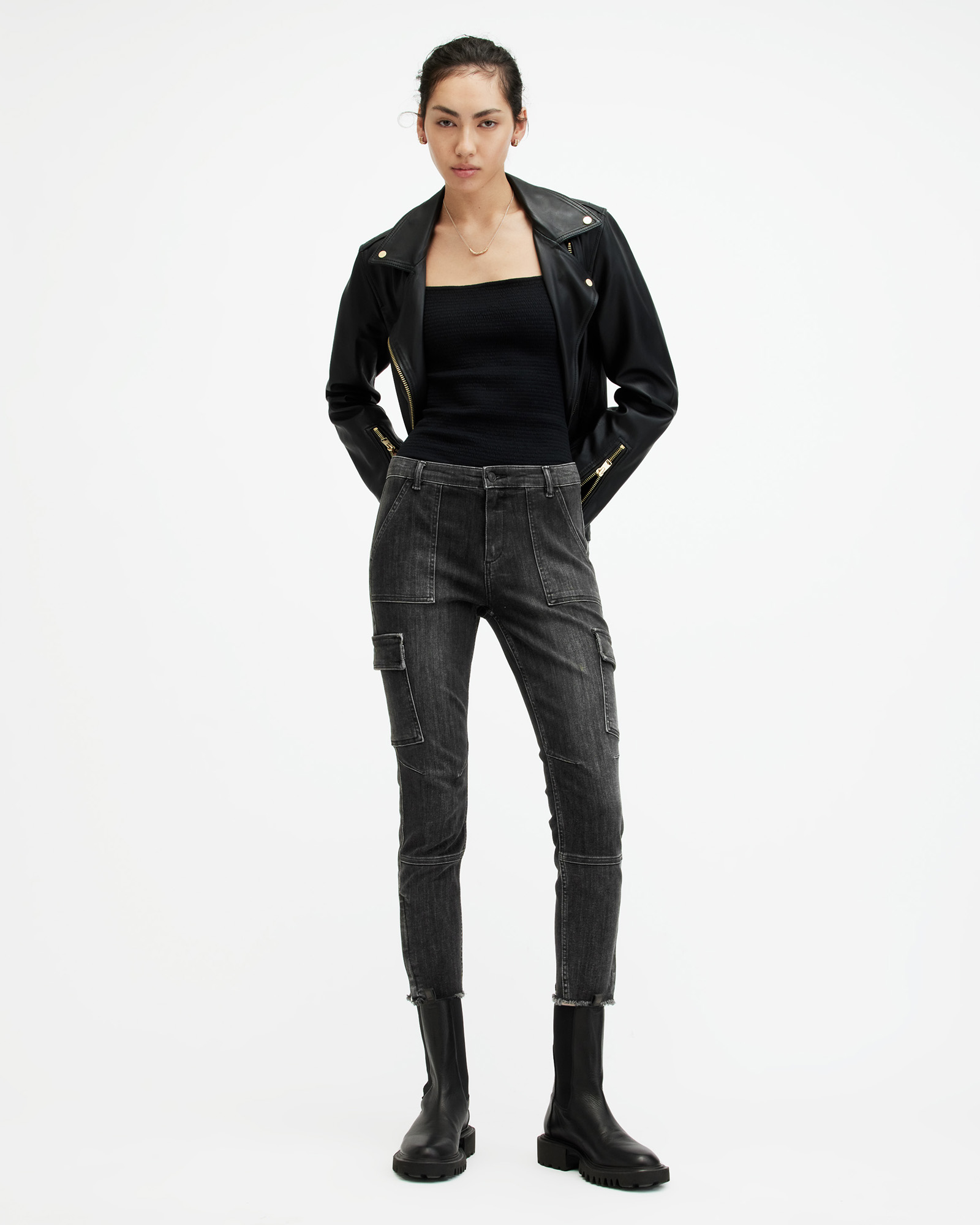 AllSaints Women's Cotton Duran Mid-Rise Skinny Cargo Jeans, Black, Size: 30