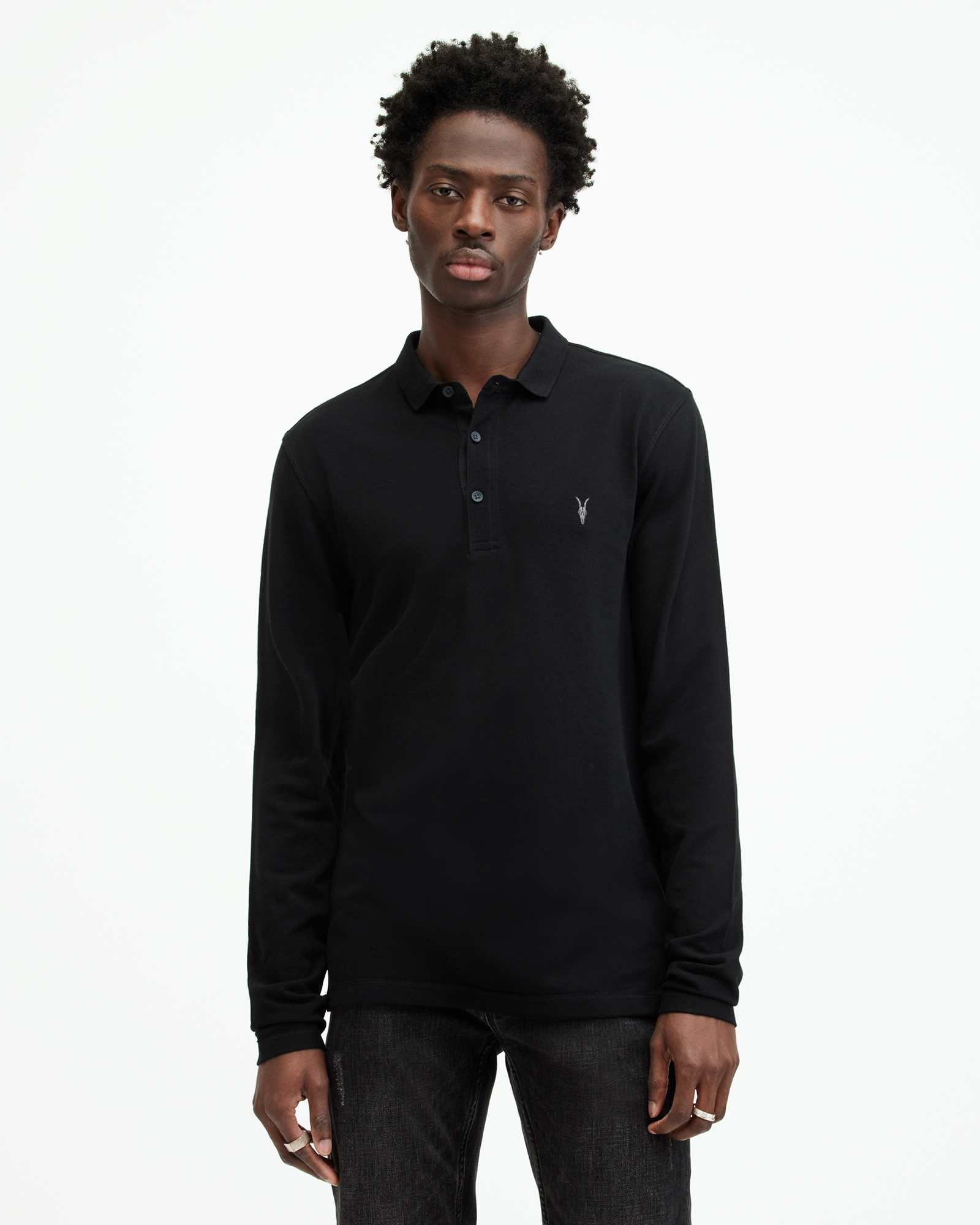 AllSaints Men's Cotton Reform Long Sleeve Polo Shirt, Black, Size: M