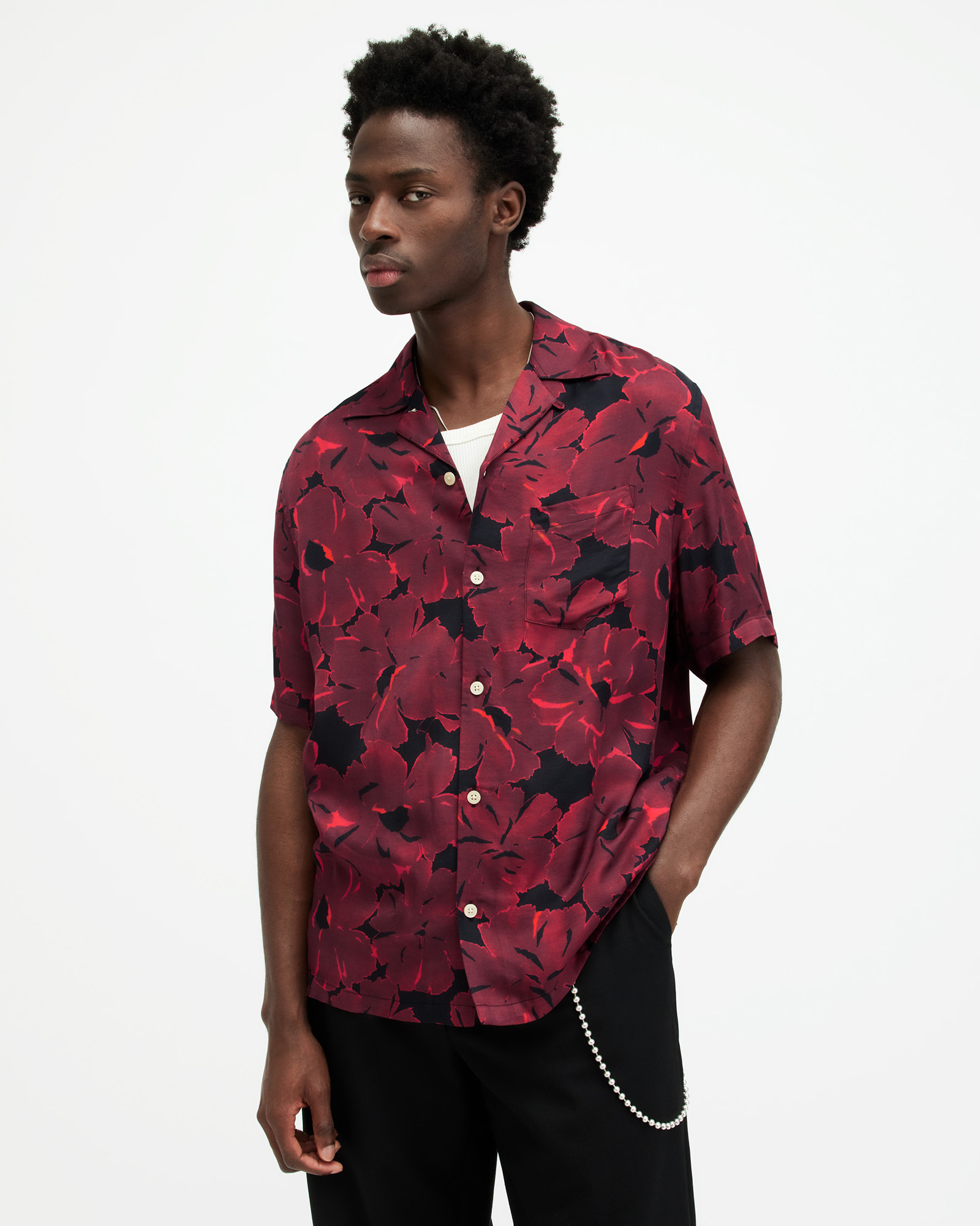 Shop Allsaints Kaza Floral Print Relaxed Fit Shirt In Jt Blk/sangria Red