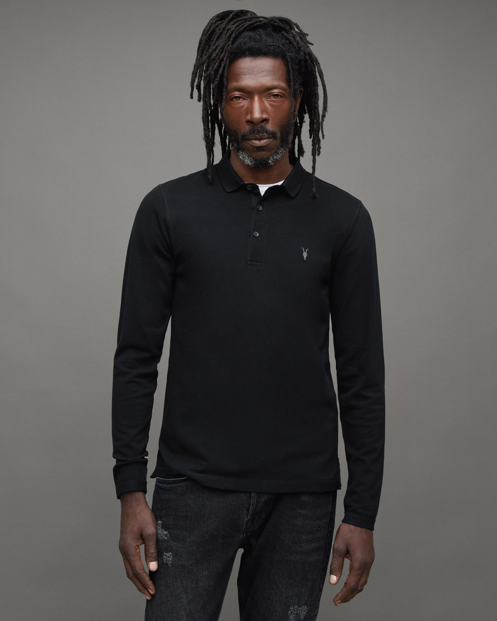 Allsaints Reform Long Sleeve Polo Shirt In Black