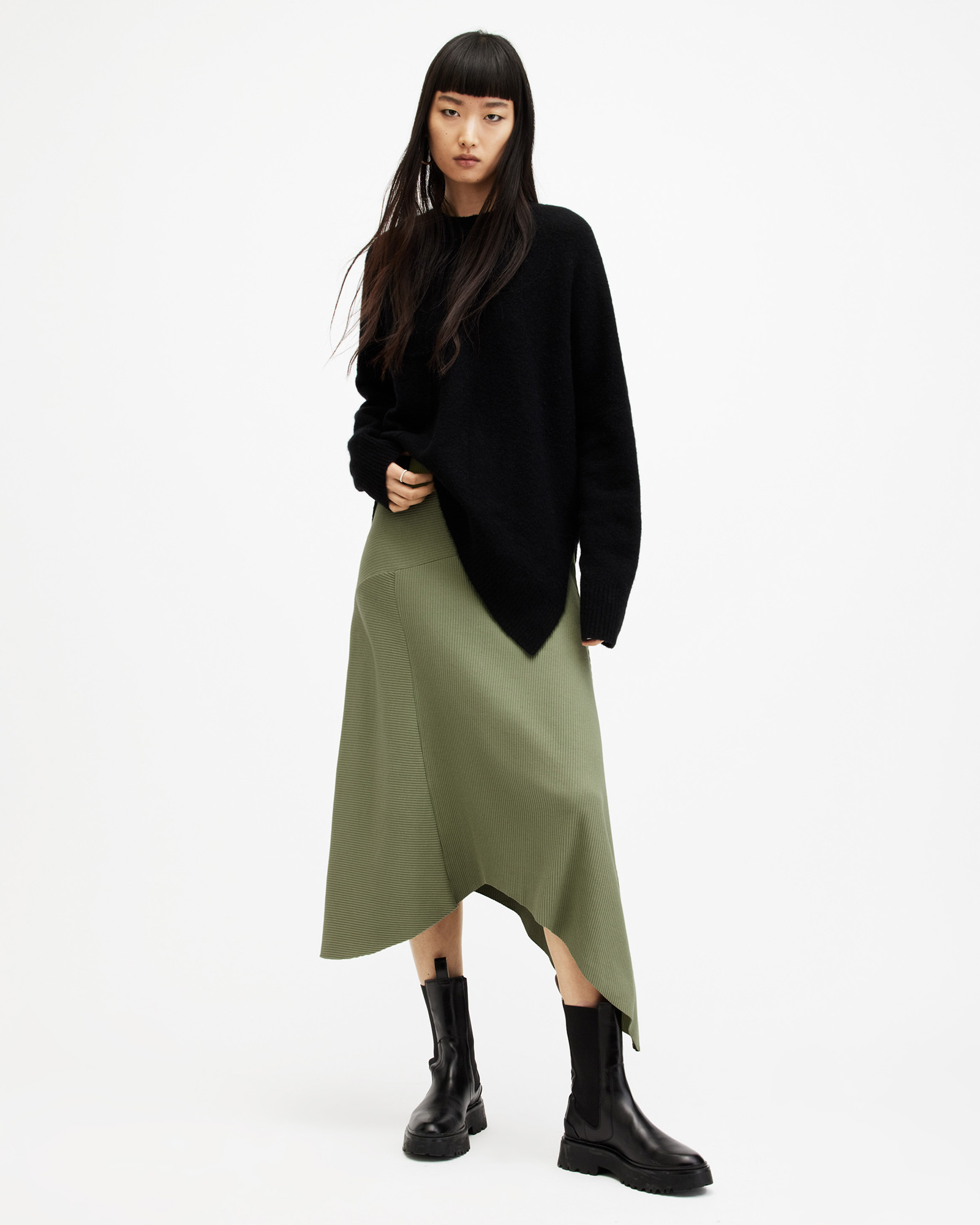 AllSaints Gia Ribbed Asymmetric Midi Skirt,, GRASS GREEN
