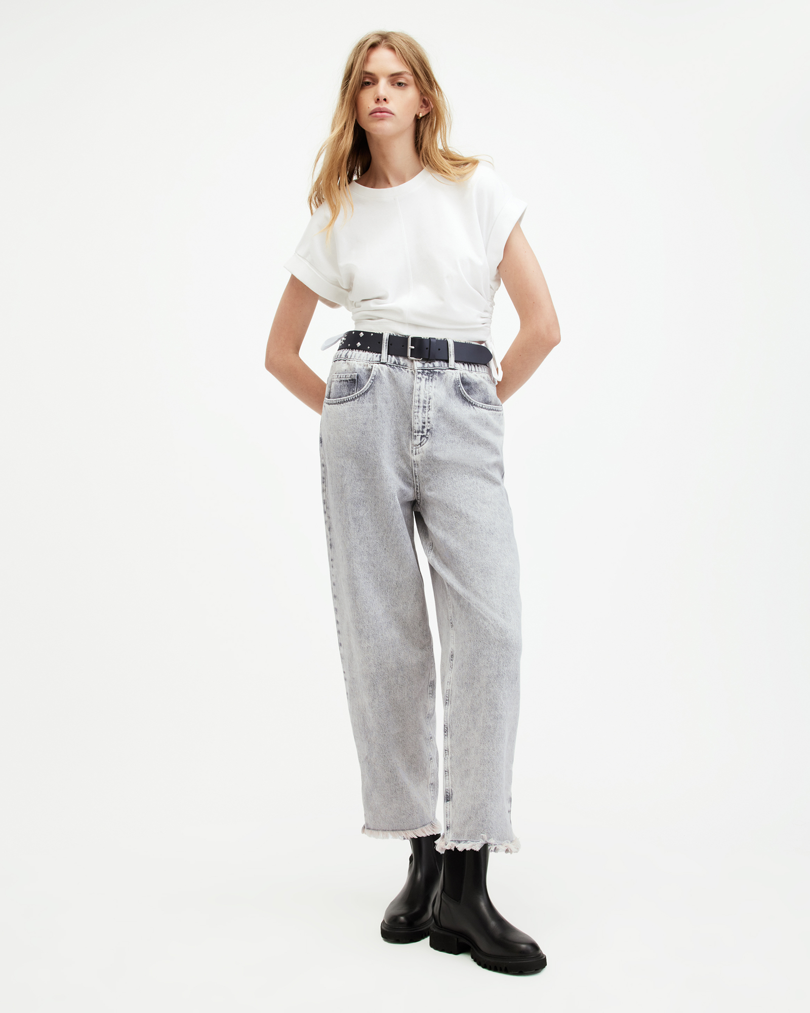 AllSaints Hailey Frayed Hem Denim Jeans,, SNOW GREY, Size: UK