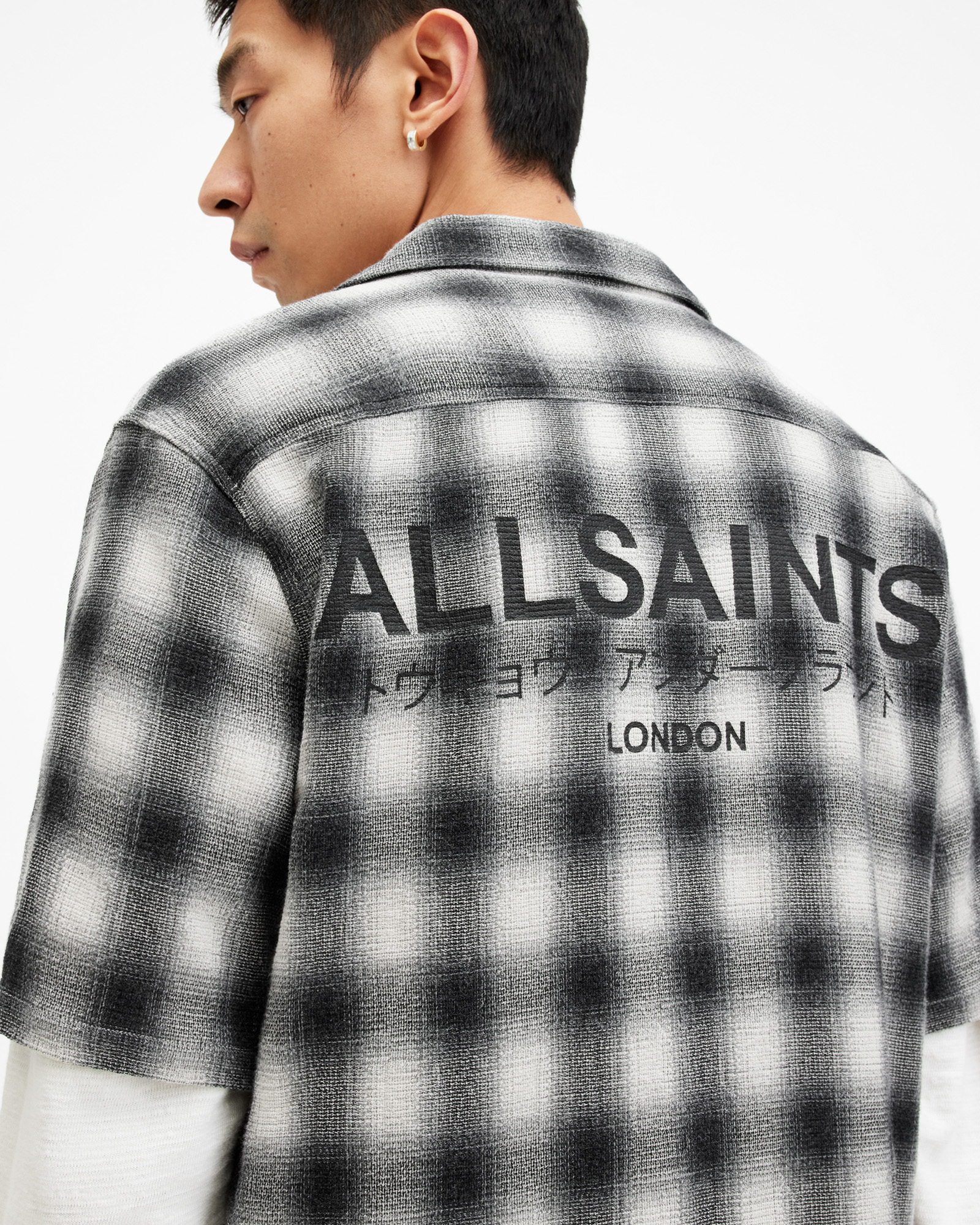 AllSaints Underground Relaxed Check Logo Shirt,, Off White
