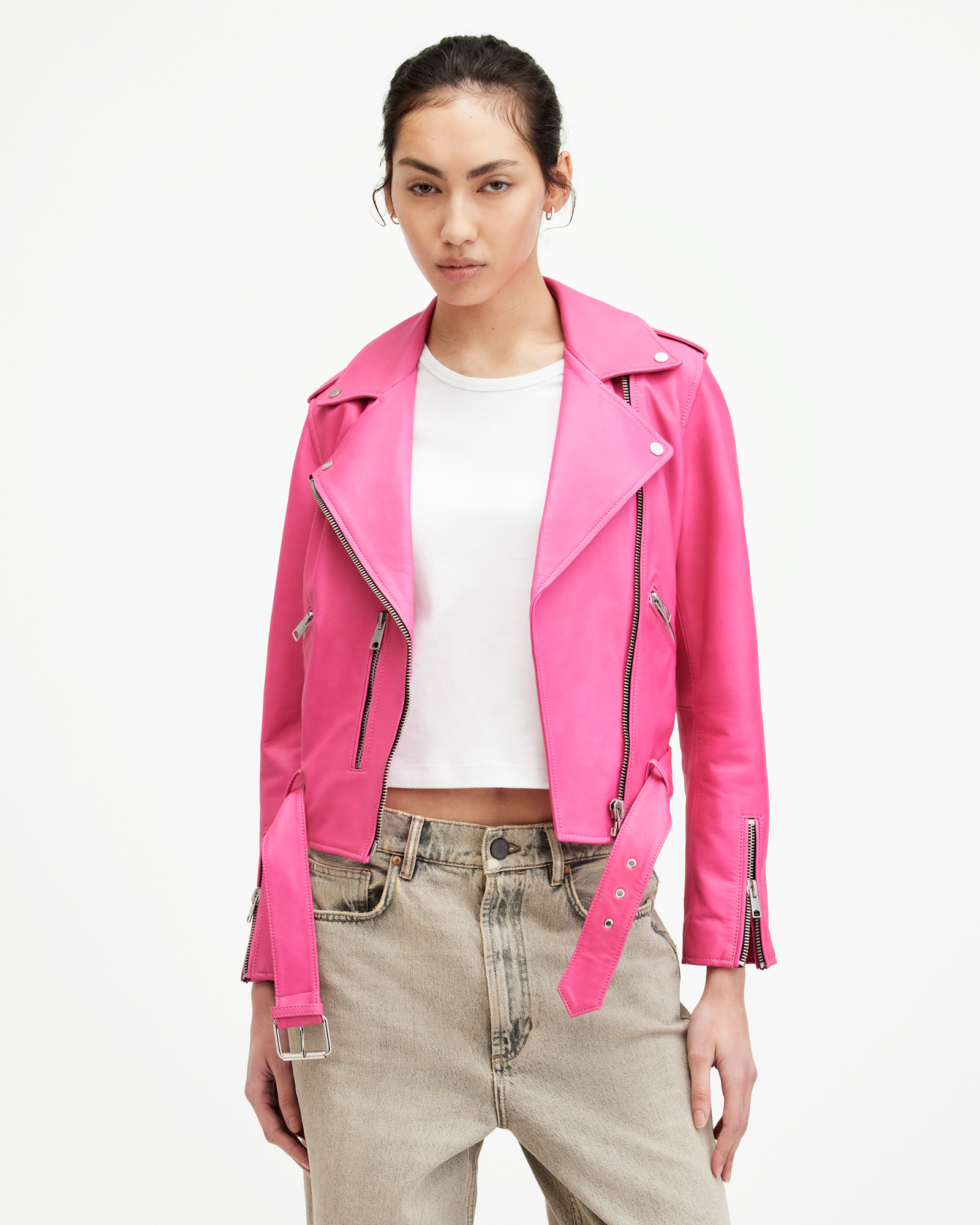 AllSaints Balfern Leather Biker Jacket,, Neon Pink