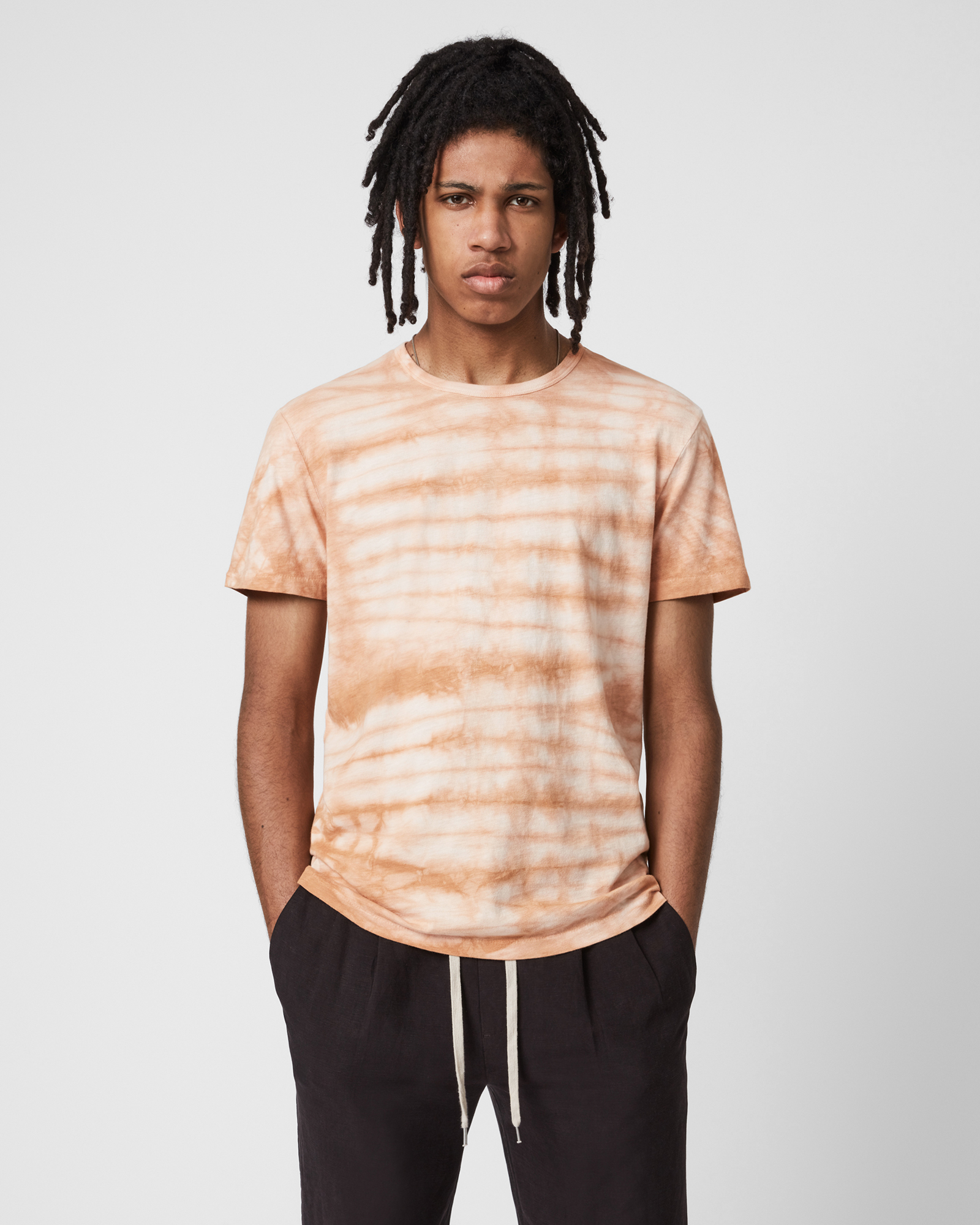 AllSaints Men's Cotton Tie Dye Print Cali Organic Crew T-Shirt, Brown, Size: S