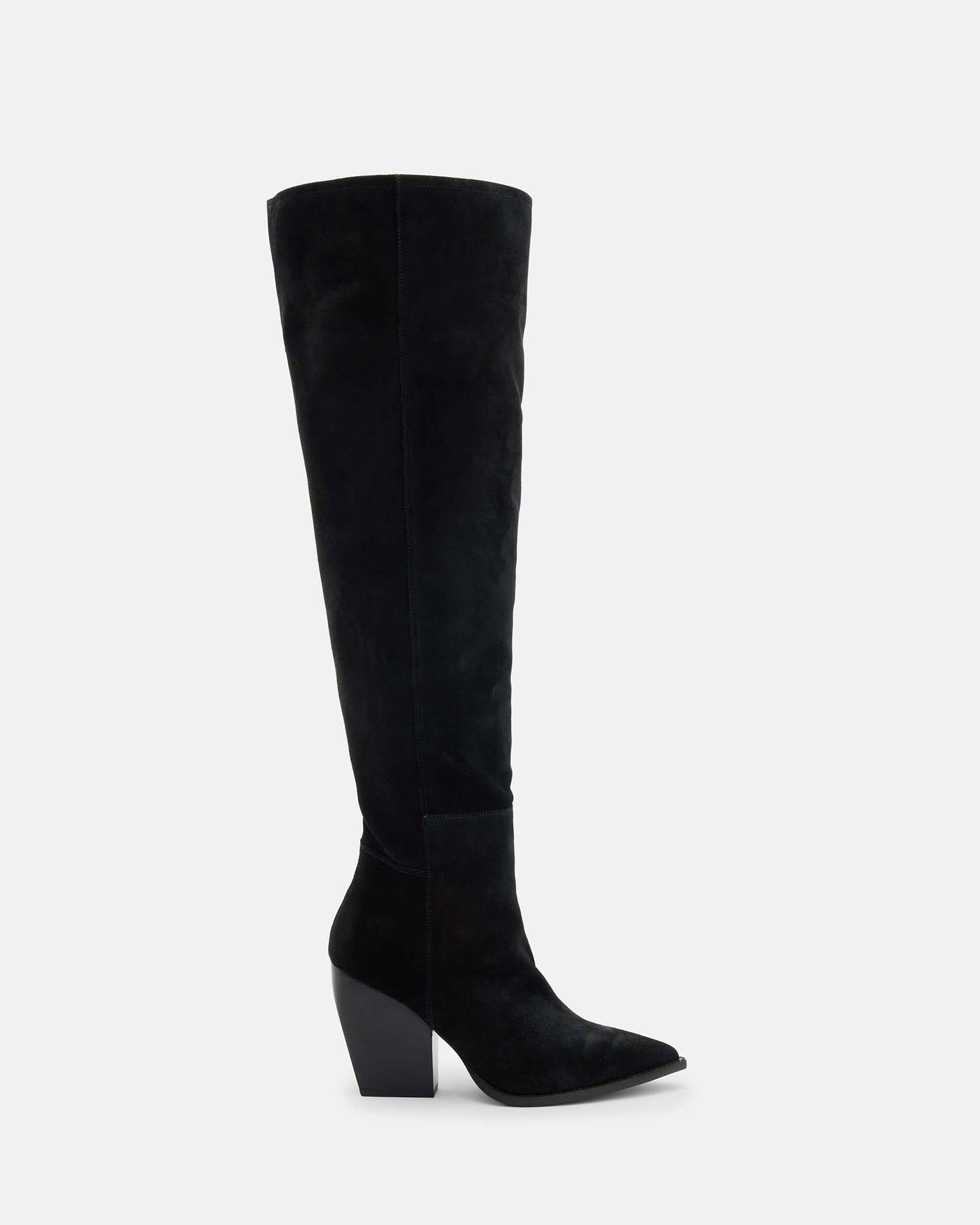 Shop Allsaints Reina Knee High Pointed Suede Boots, In Black