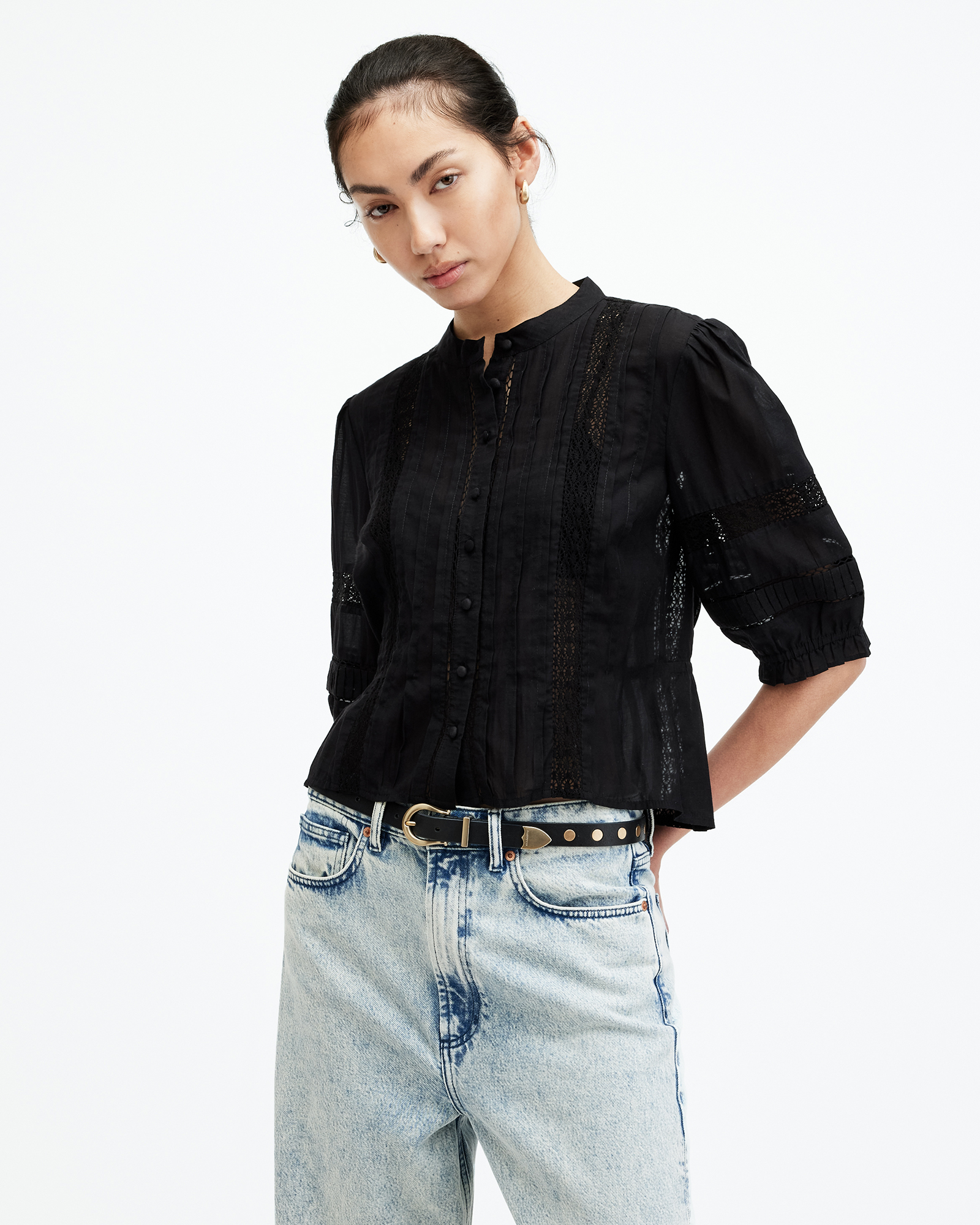 AllSaints Libby Slim Puff Sleeve Embroidered Shirt,, Black