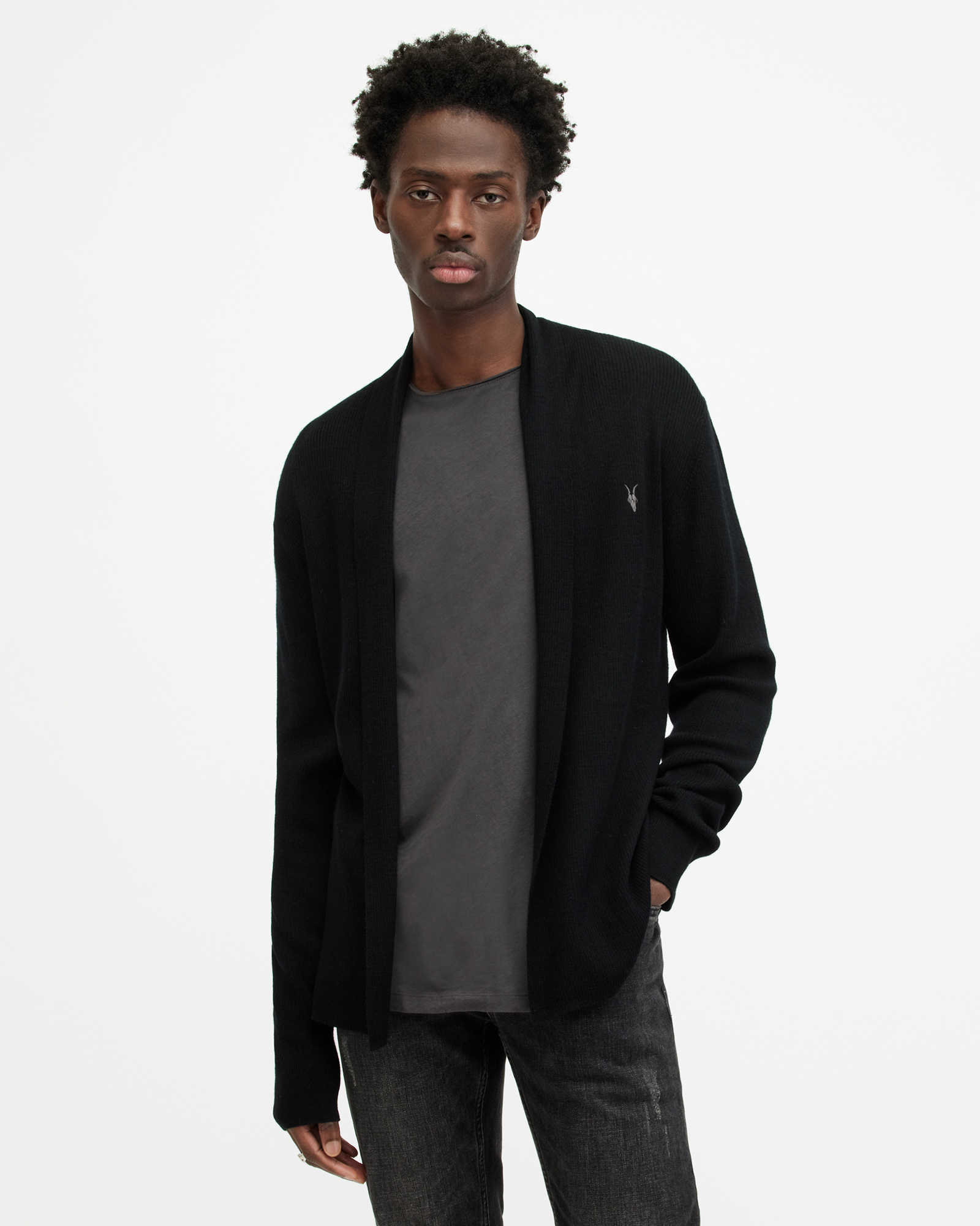 AllSaints Men's Merino Wool Lightweight Mode Long Sleeve Open Front Cardigan, Black, Size: XL