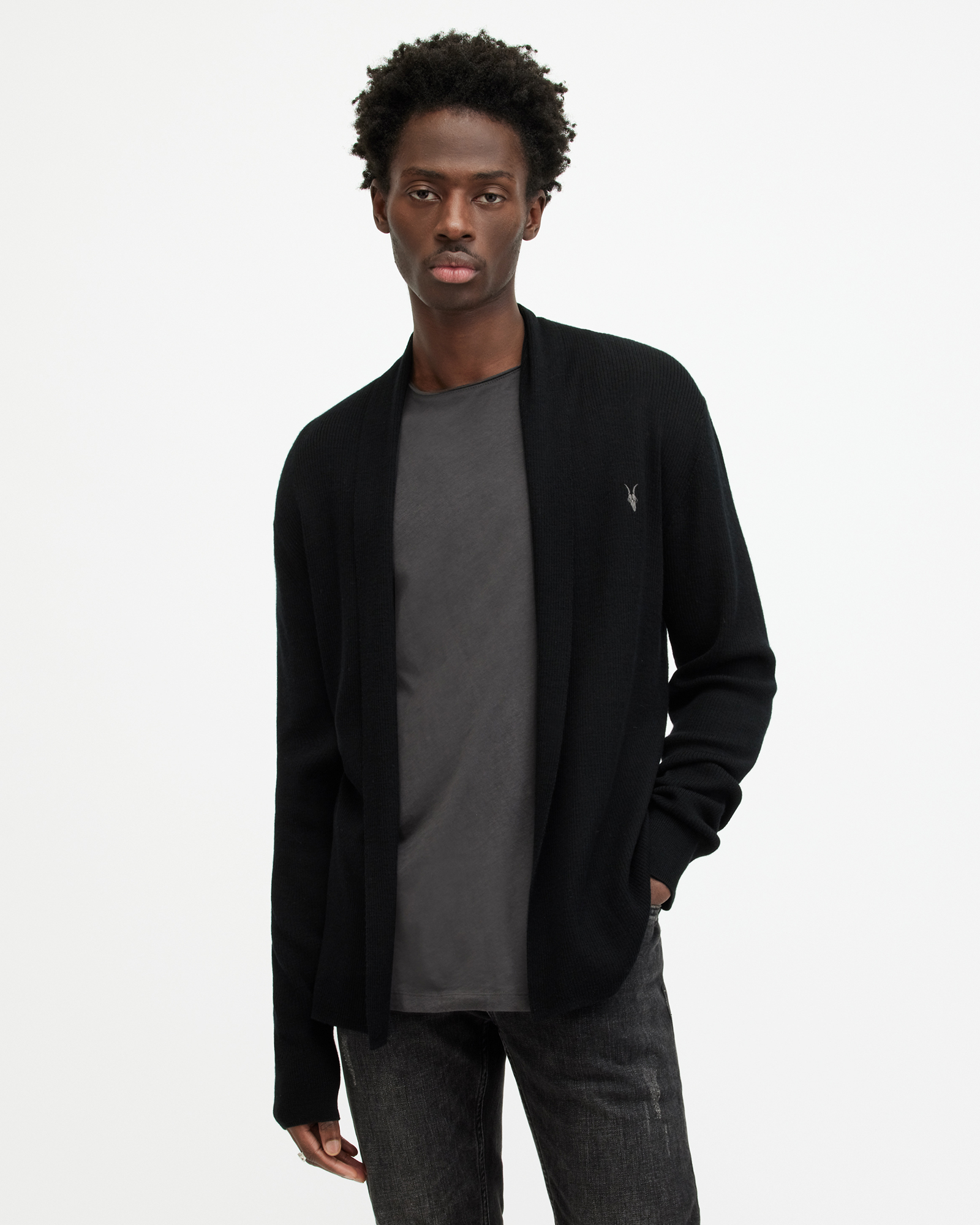 AllSaints Mode Merino Open Cardigan,, Black