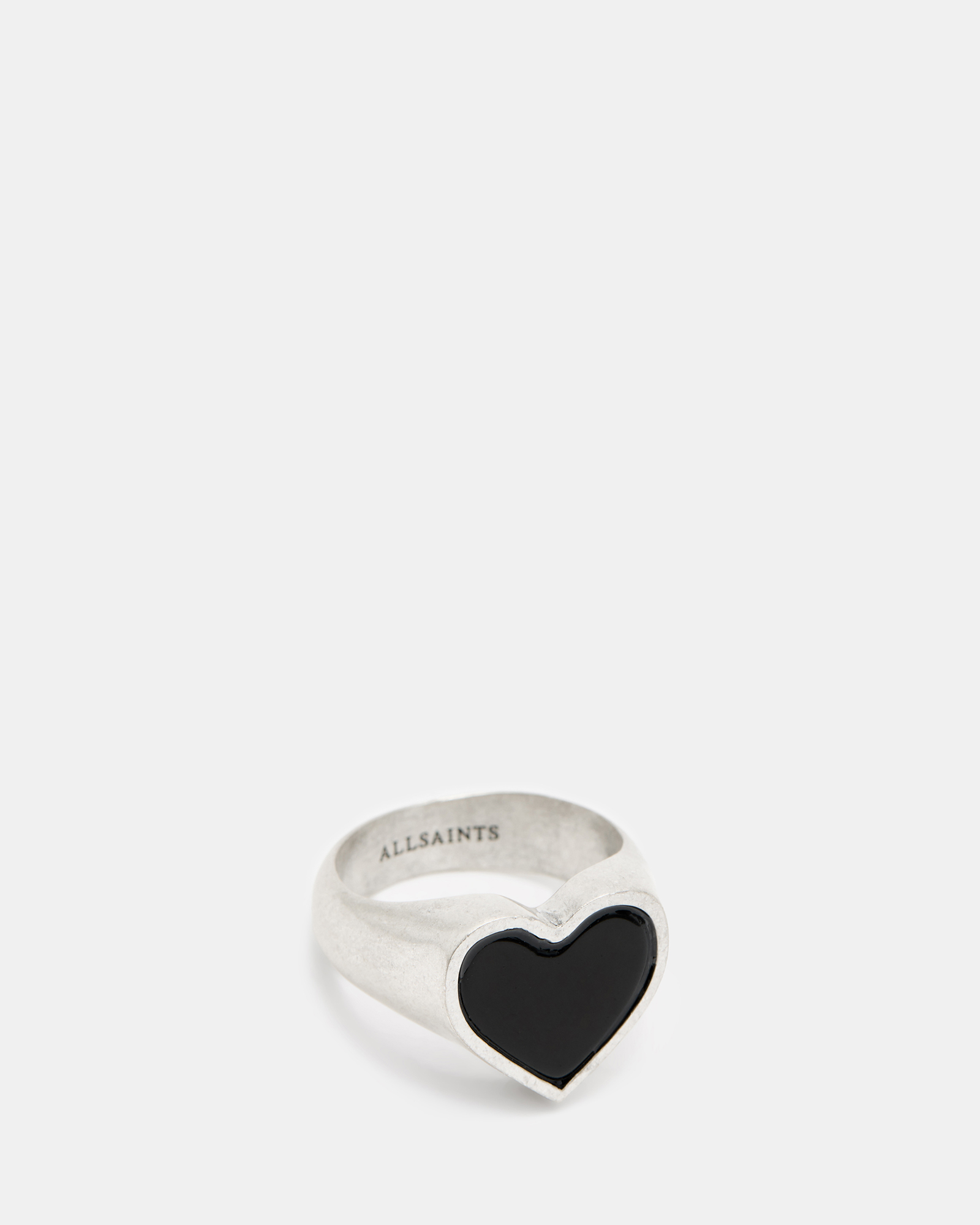 AllSaints Obi Heart Onyx Stone Signet Ring,, WARM SLVR/BLK ONYX