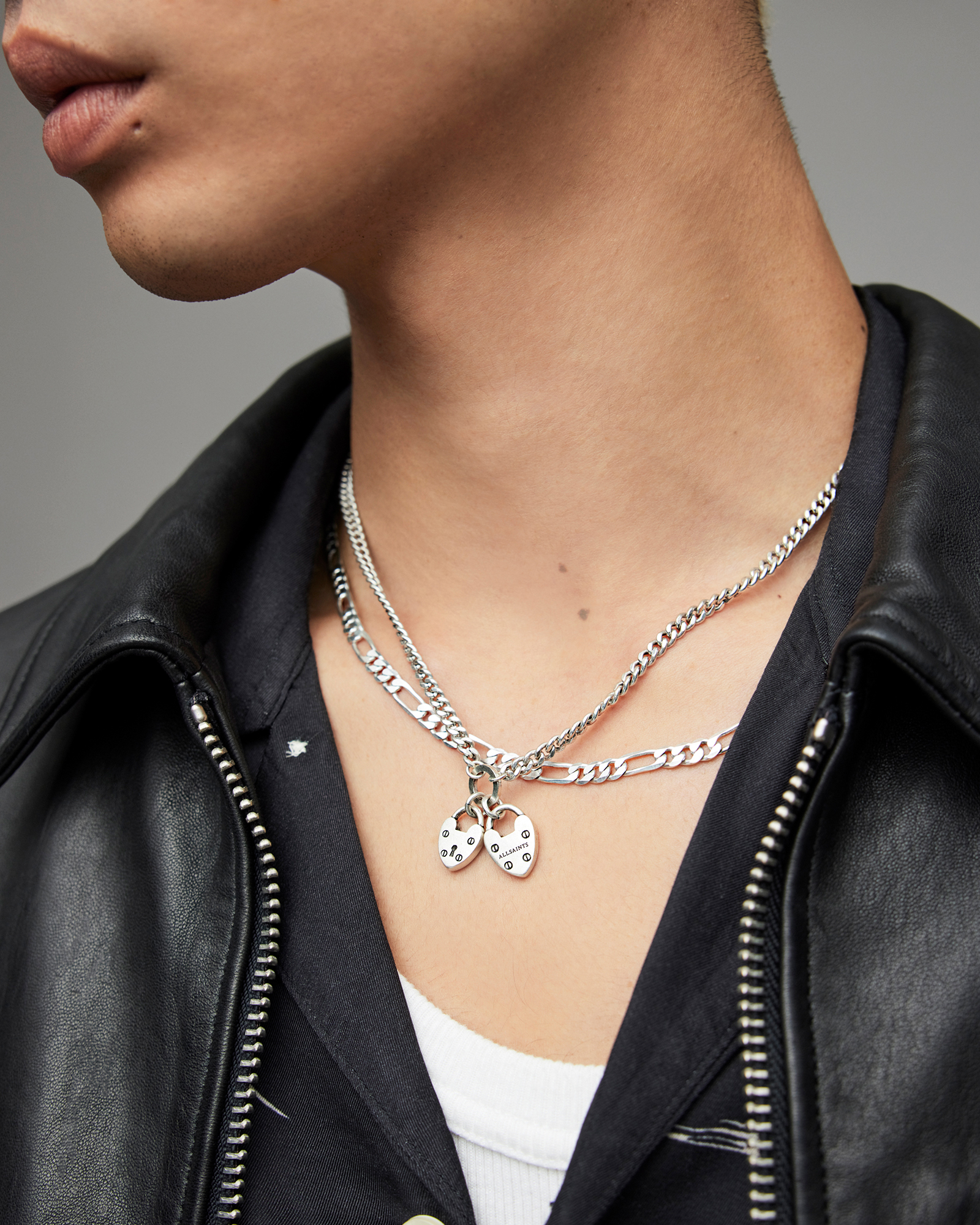 AllSaints Double Heartlock Sterling Silver Necklace