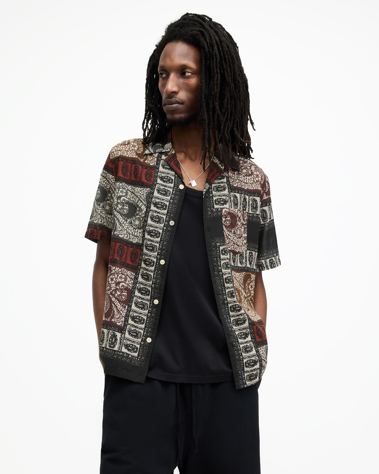 AllSaints Marquee Paisley Print Relaxed Fit Shirt,, JET BLACK/ECRU