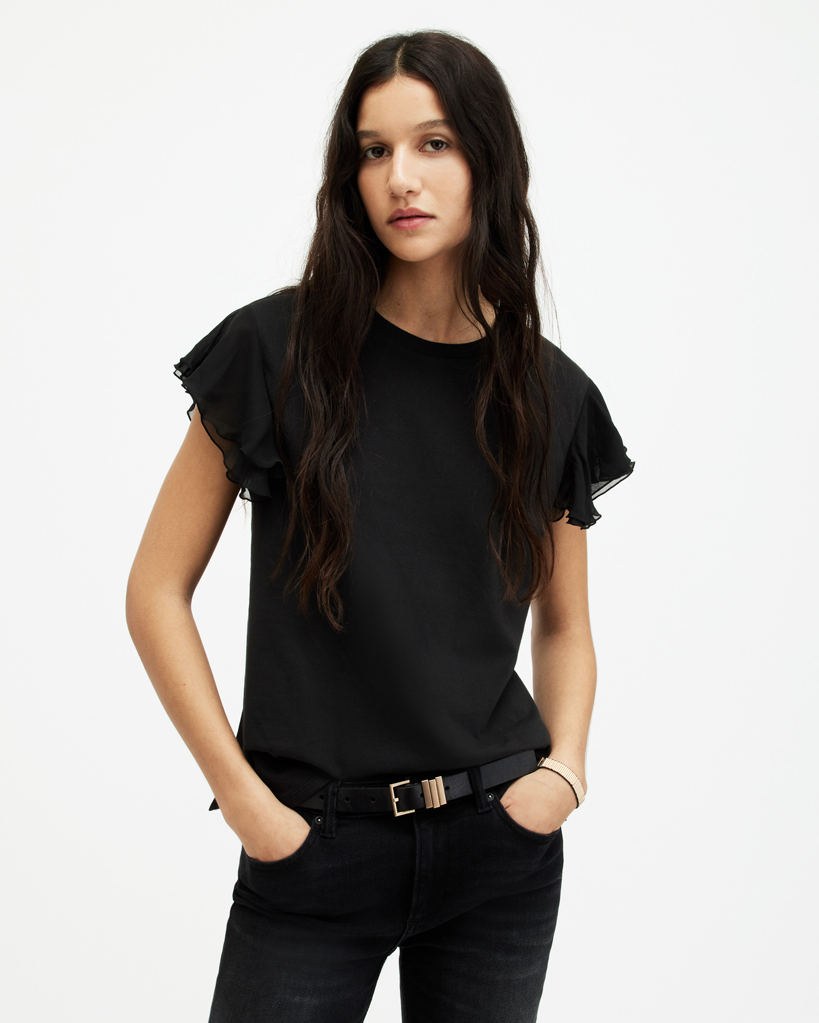 AllSaints Isabel Frill Trim Short Sleeve T-Shirt,, Black
