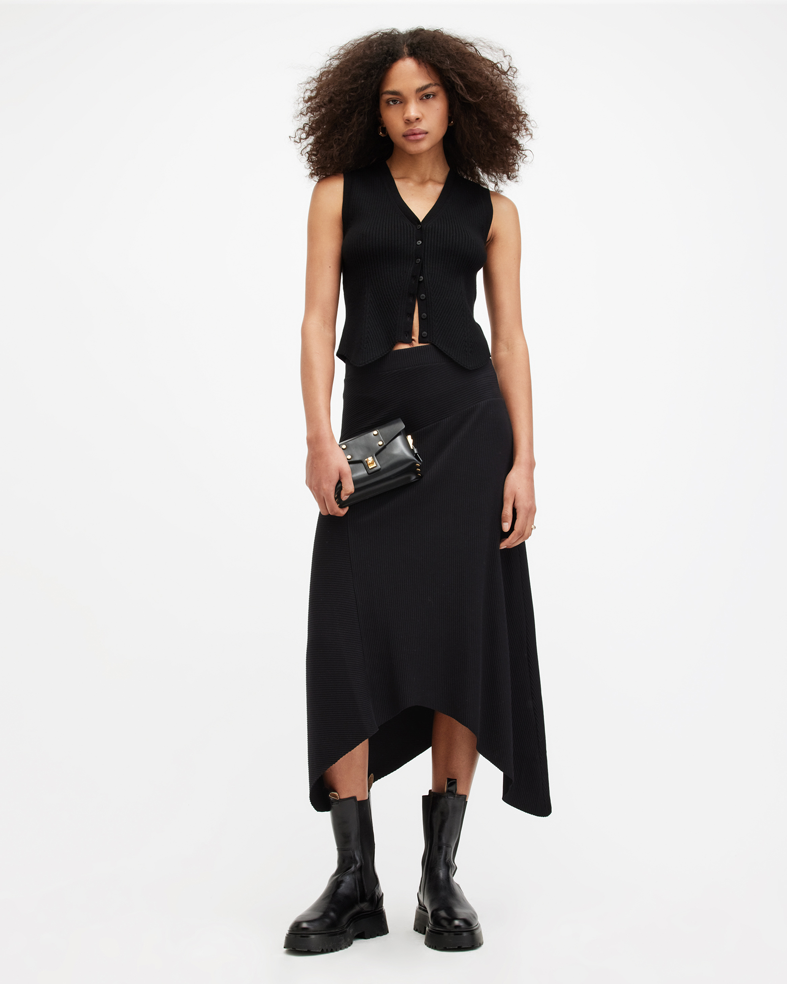 AllSaints Gia Asymmetrical Ribbed Midi Skirt,, Black, Size: