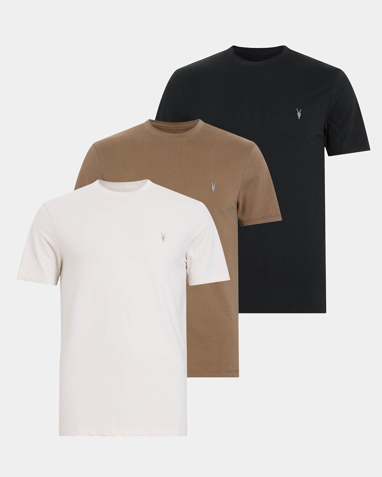 AllSaints Brace Brushed Cotton T-Shirts 3 Pack,, TAUPE/BROWN/BLACK