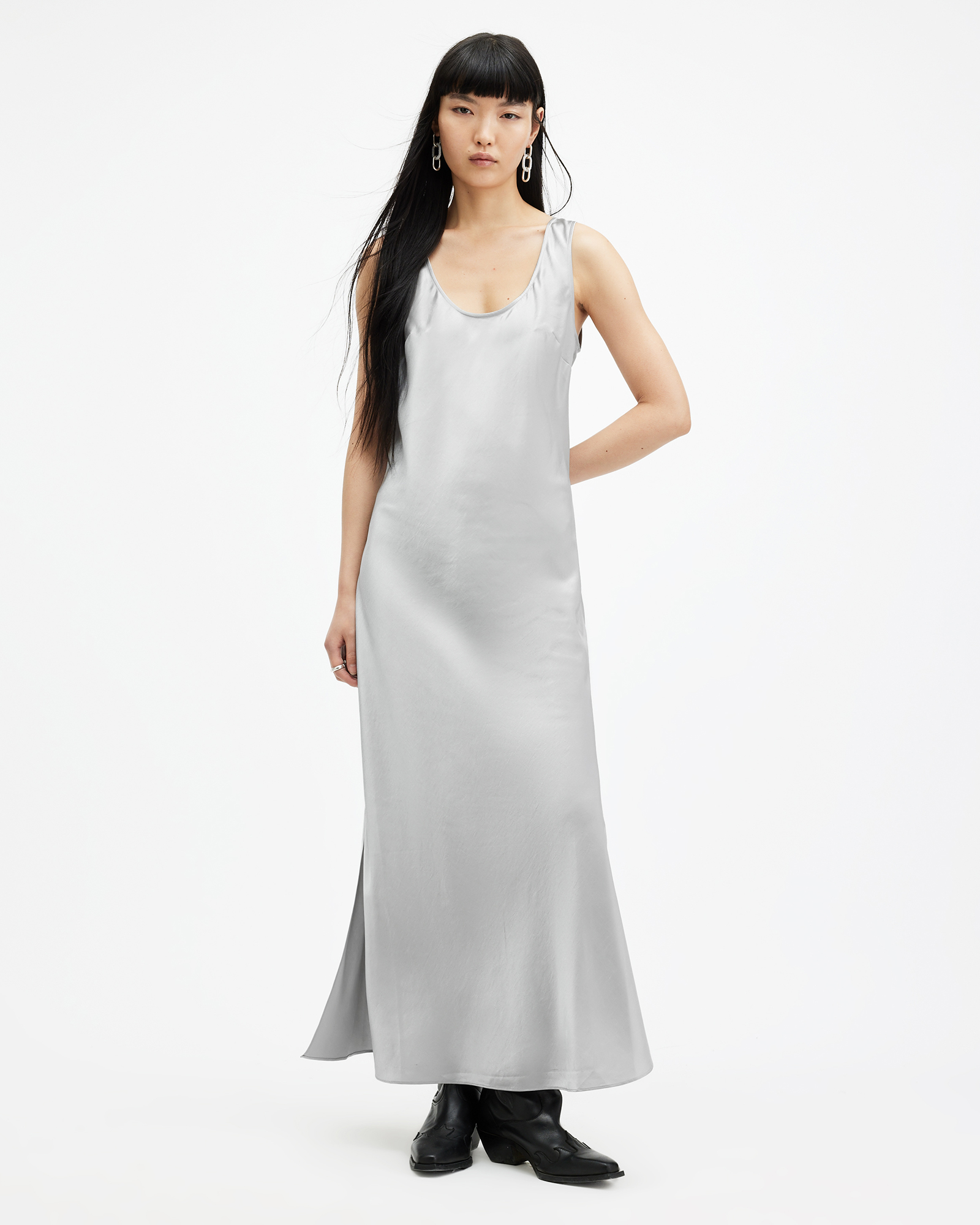 AllSaints Lisa Scoop Neck Maxi Slip Dress,, Dark Silver