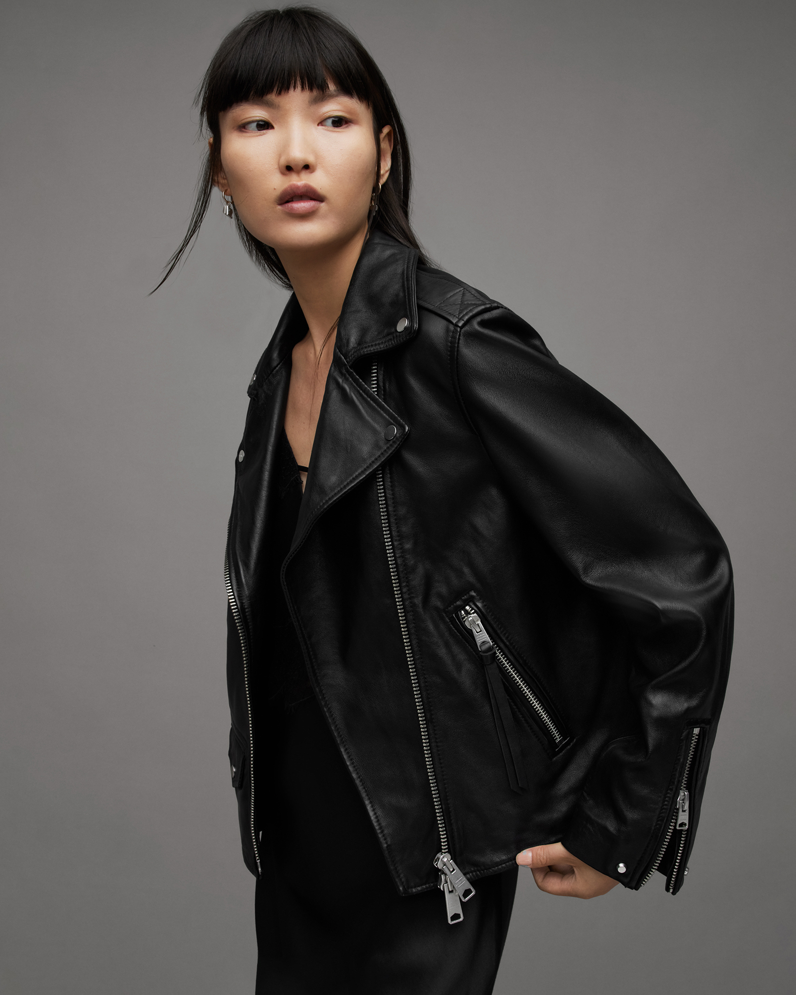 Lyra Regular Fit Leather Biker Jacket Black | ALLSAINTS