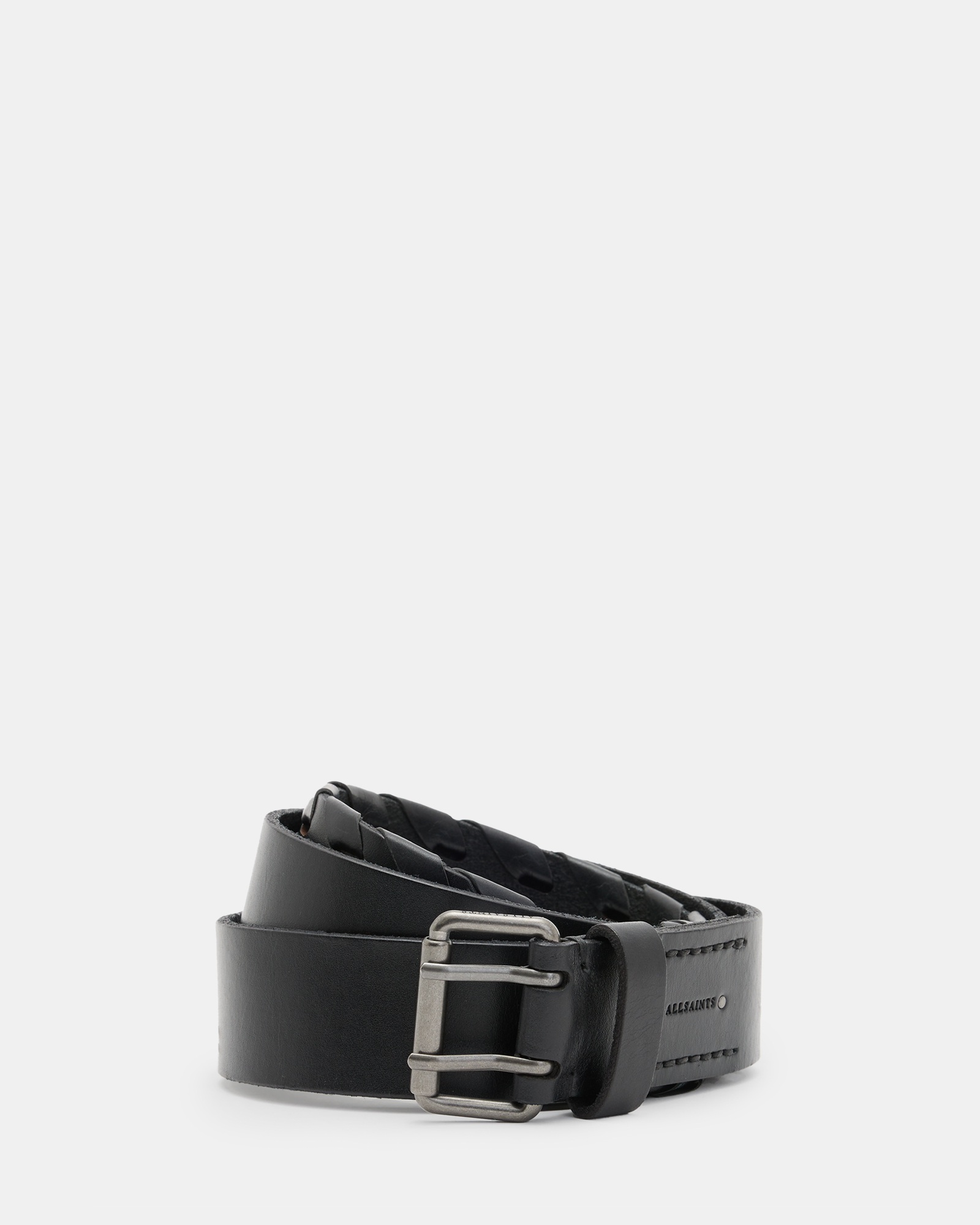 AllSaints Matt Leather Woven Belt,, Black/Gunmetal