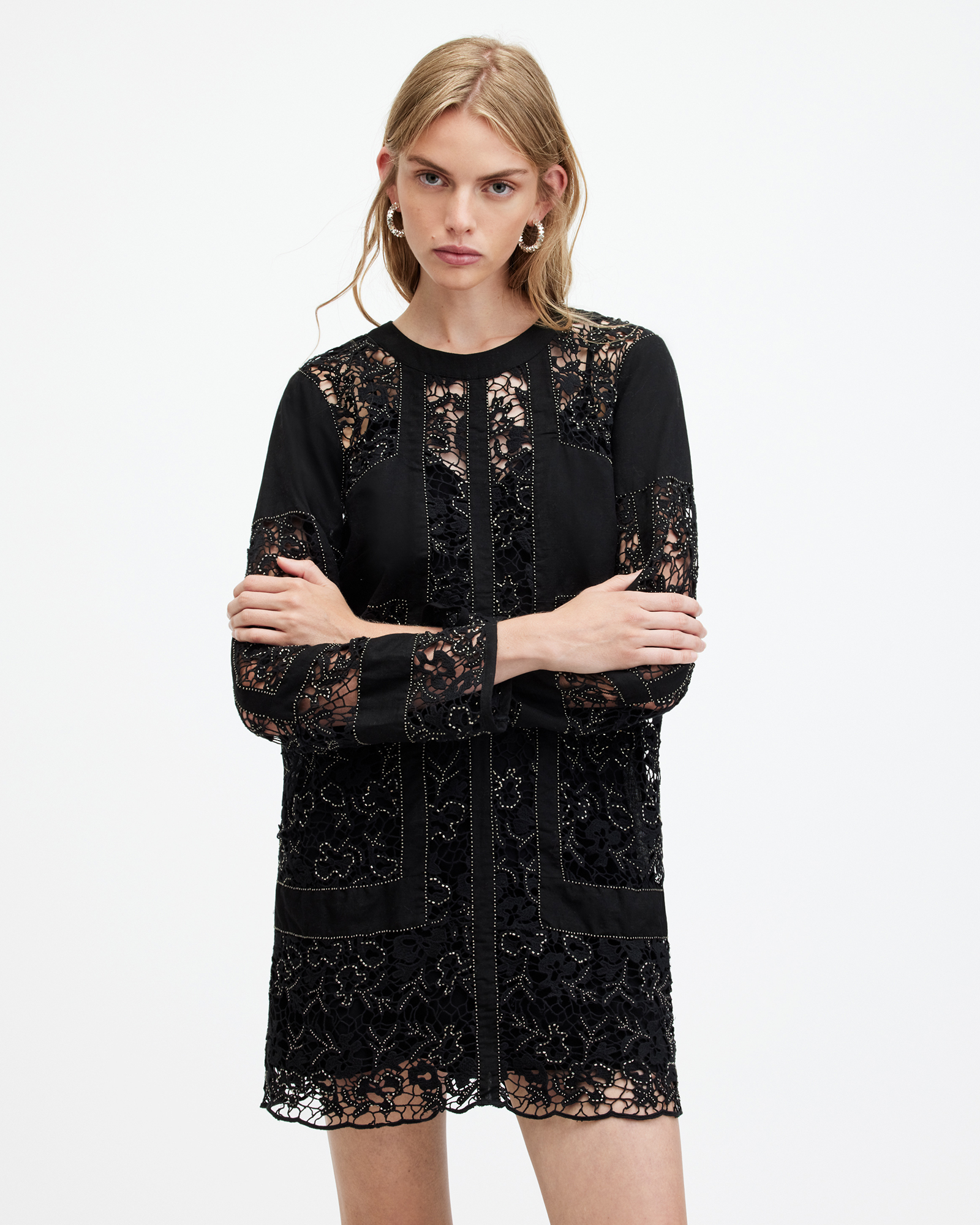 AllSaints Noush Embellished Linen Blend Mini Dress,, Jet Black, Size: UK