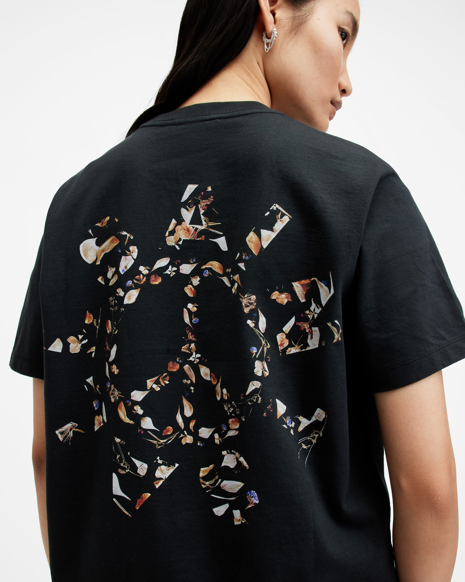 AllSaints Pierra Floral Logo Oversized T-Shirt,, Black