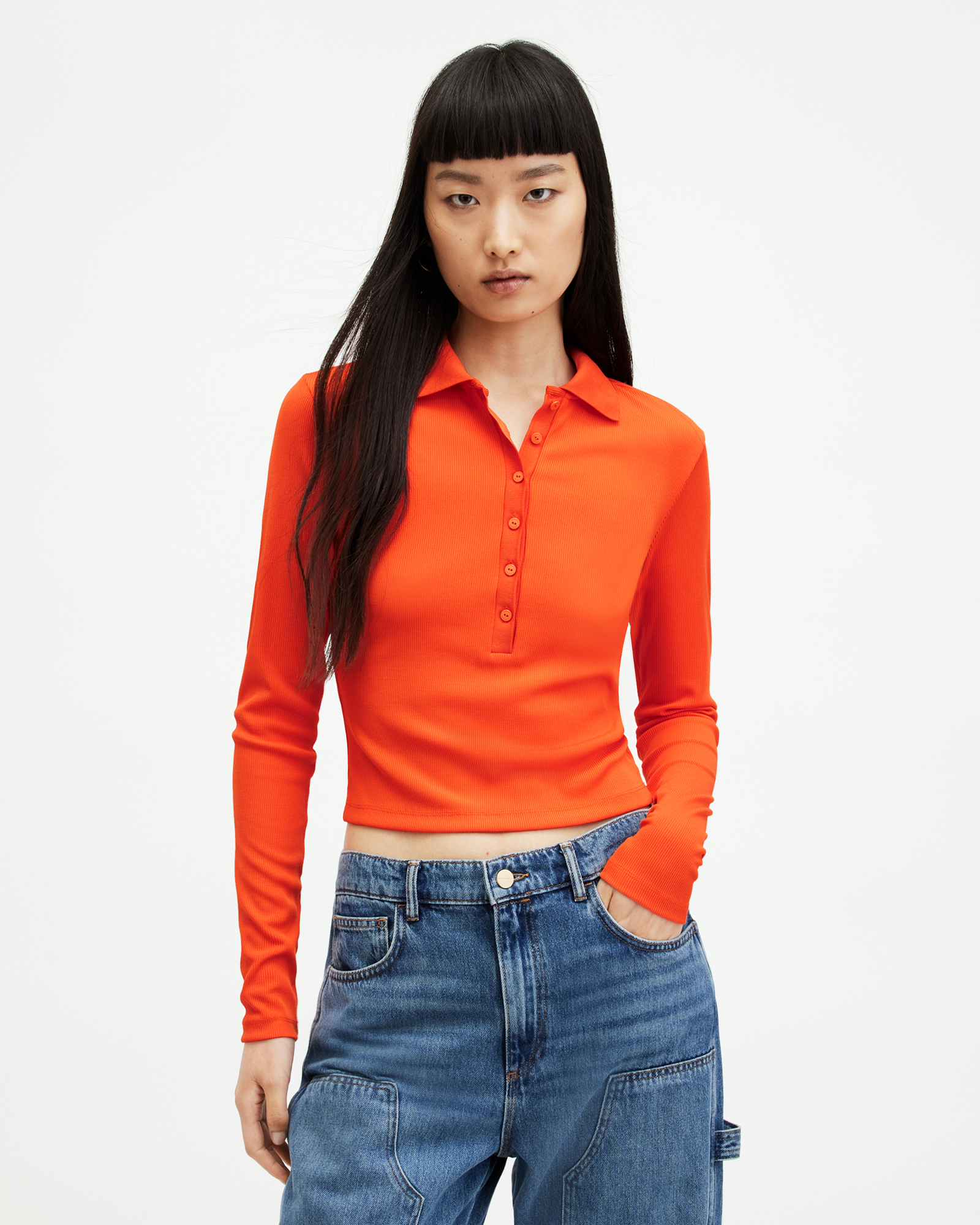 Allsaints Hallie Long Sleeve Ribbed Polo Shirt In Zesty Orange