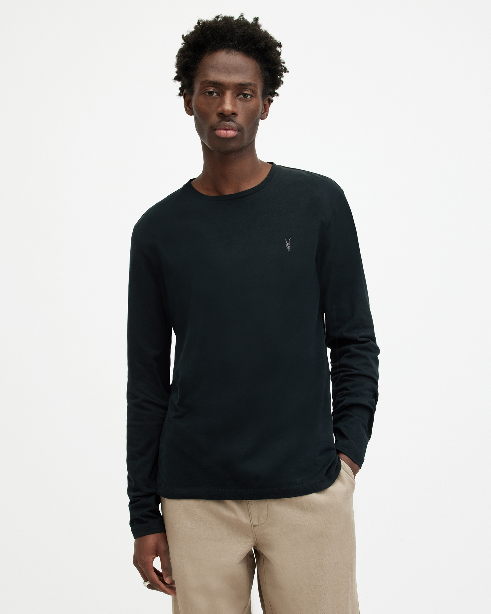 AllSaints Men's Cotton Regular Fit Brace Long Sleeve Tonic Crew T-Shirt, Black, Size: M