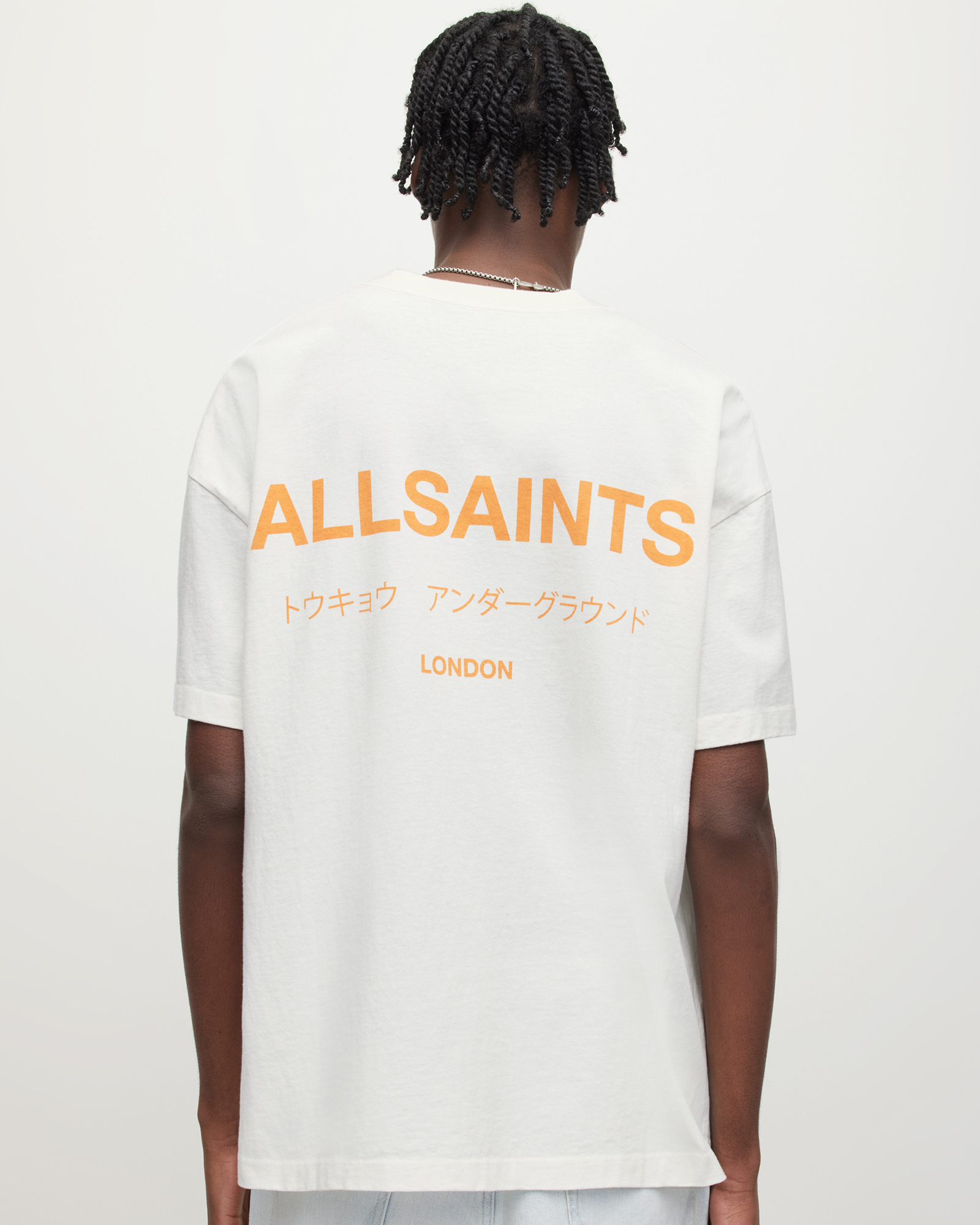 AllSaints Underground Oversized Crew T-Shirt,, ASHEN WHITE/ORANGE