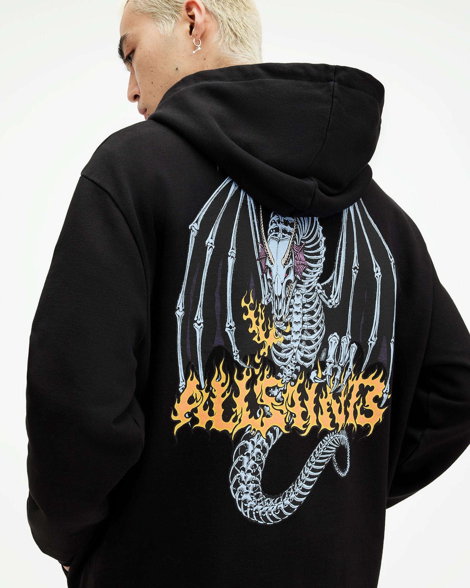 Allsaints Dragon Skull Pullover Hoodie In Jet Black